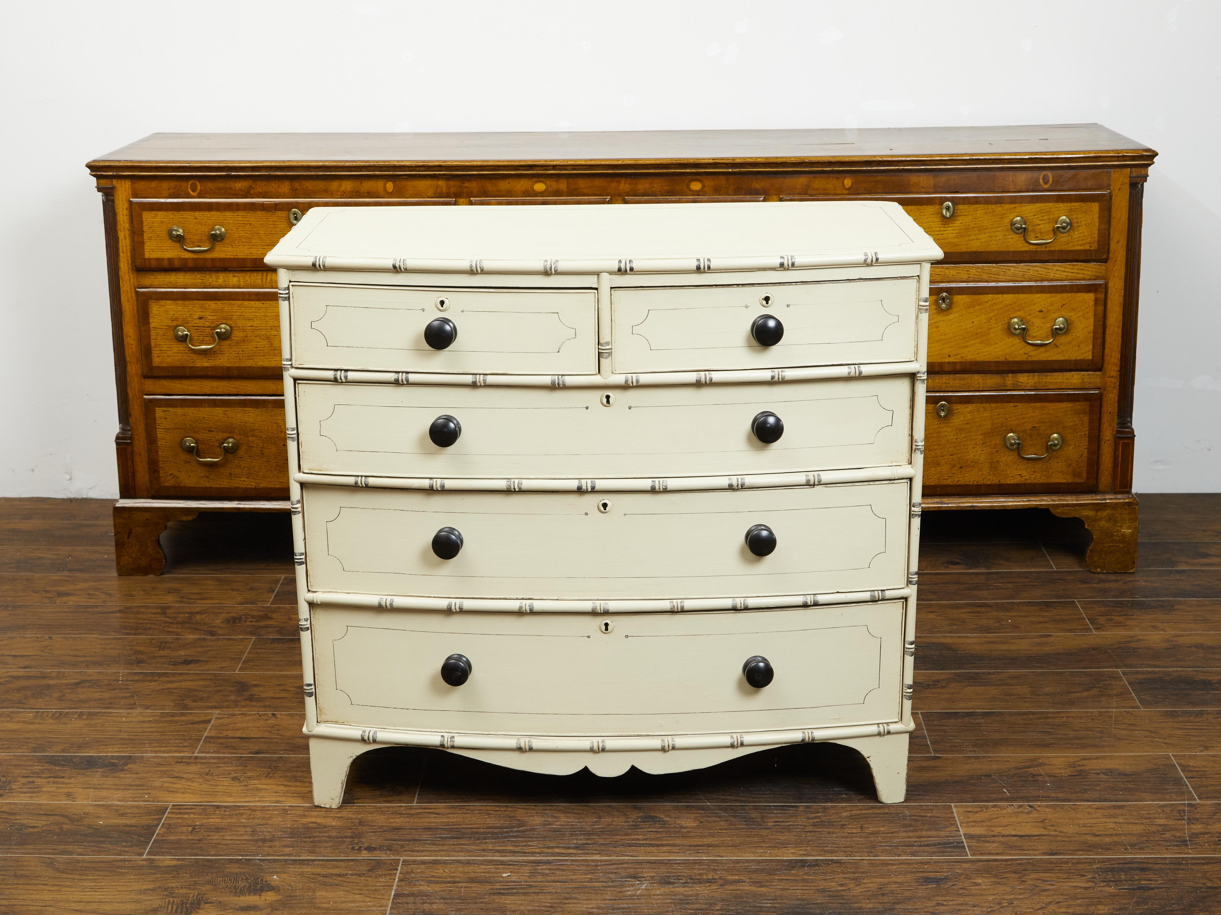 English 1860s Bow Front Five-Drawer Painted Chest with Light Color In Good Condition In Atlanta, GA