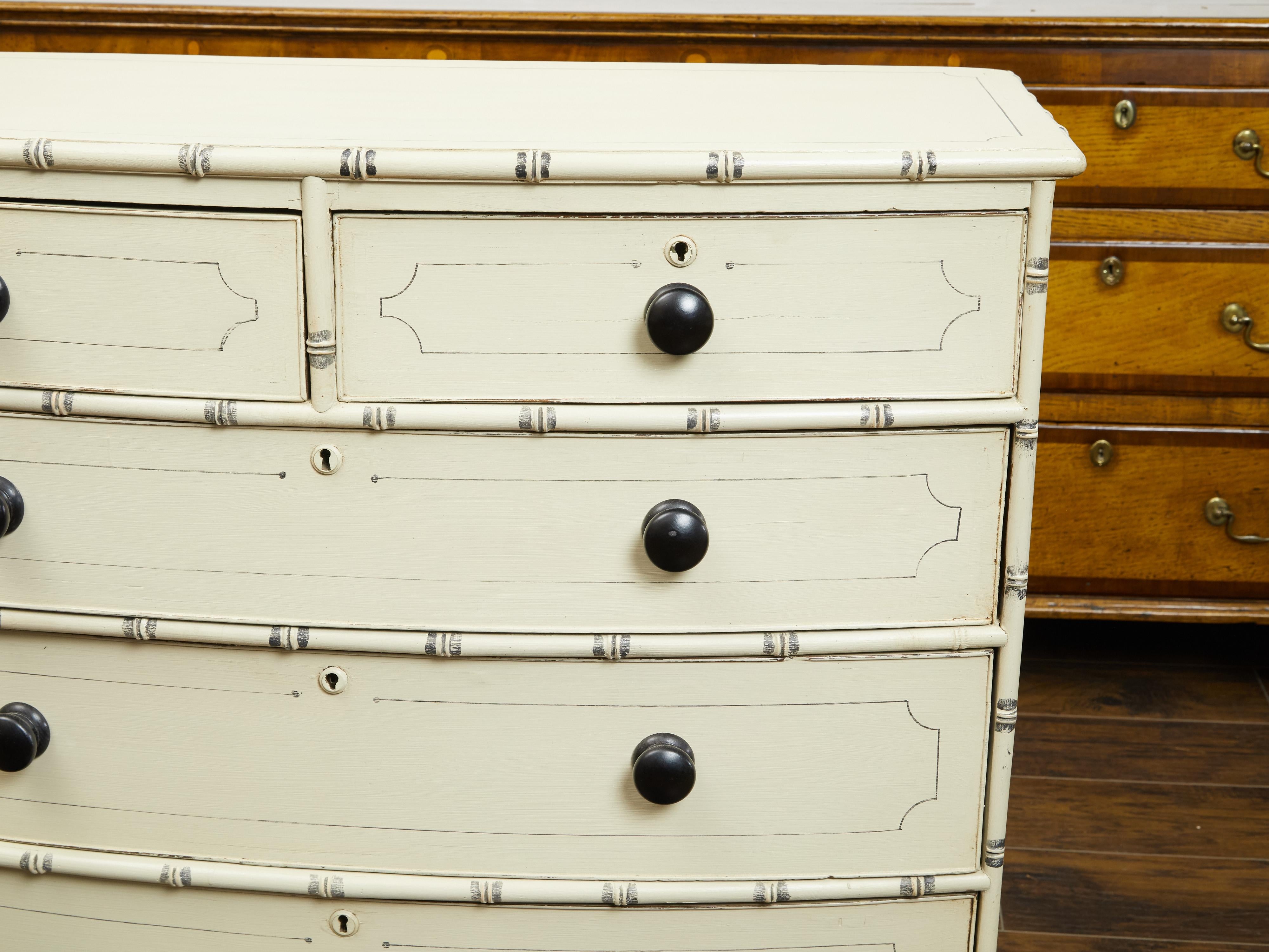 19th Century English 1860s Bow Front Five-Drawer Painted Chest with Light Color