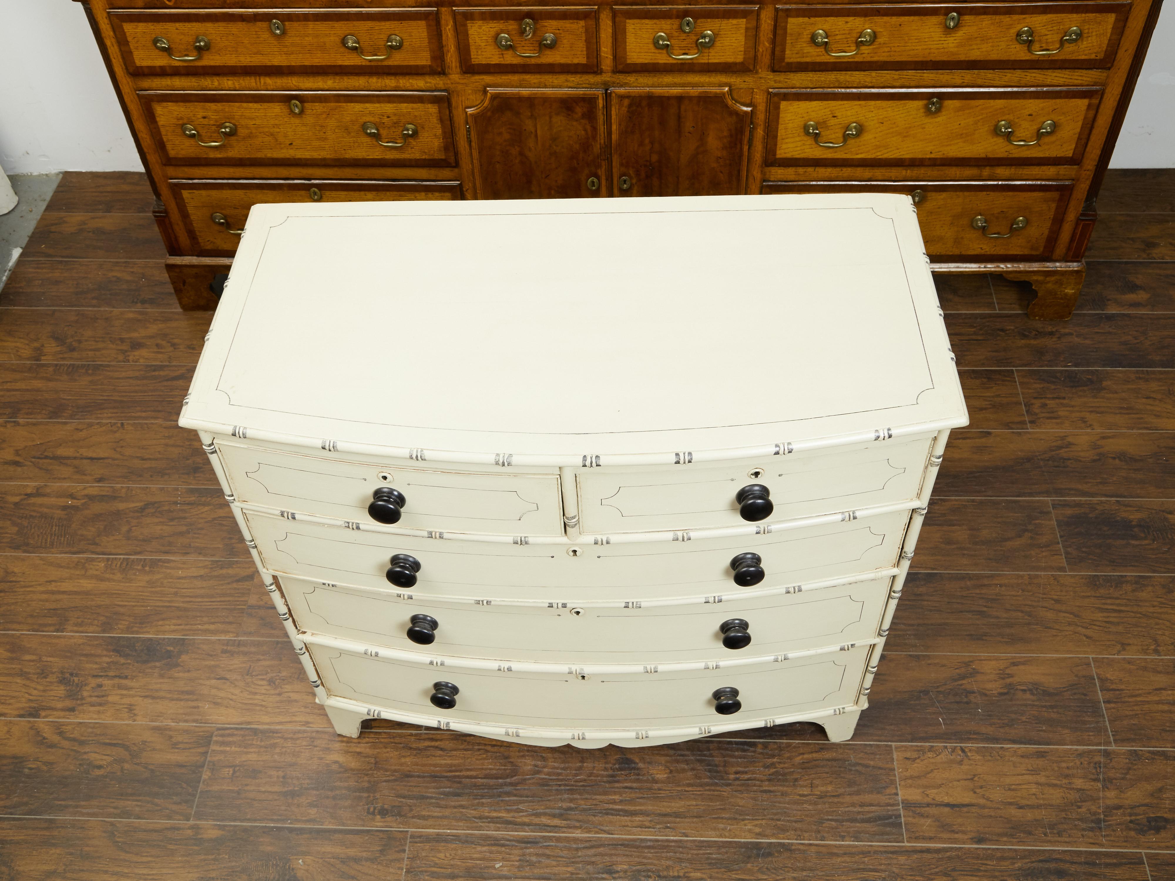 Wood English 1860s Bow Front Five-Drawer Painted Chest with Light Color