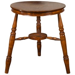 Antique English 1860s Cricket Table with Turned Legs and Circular Sycamore Top