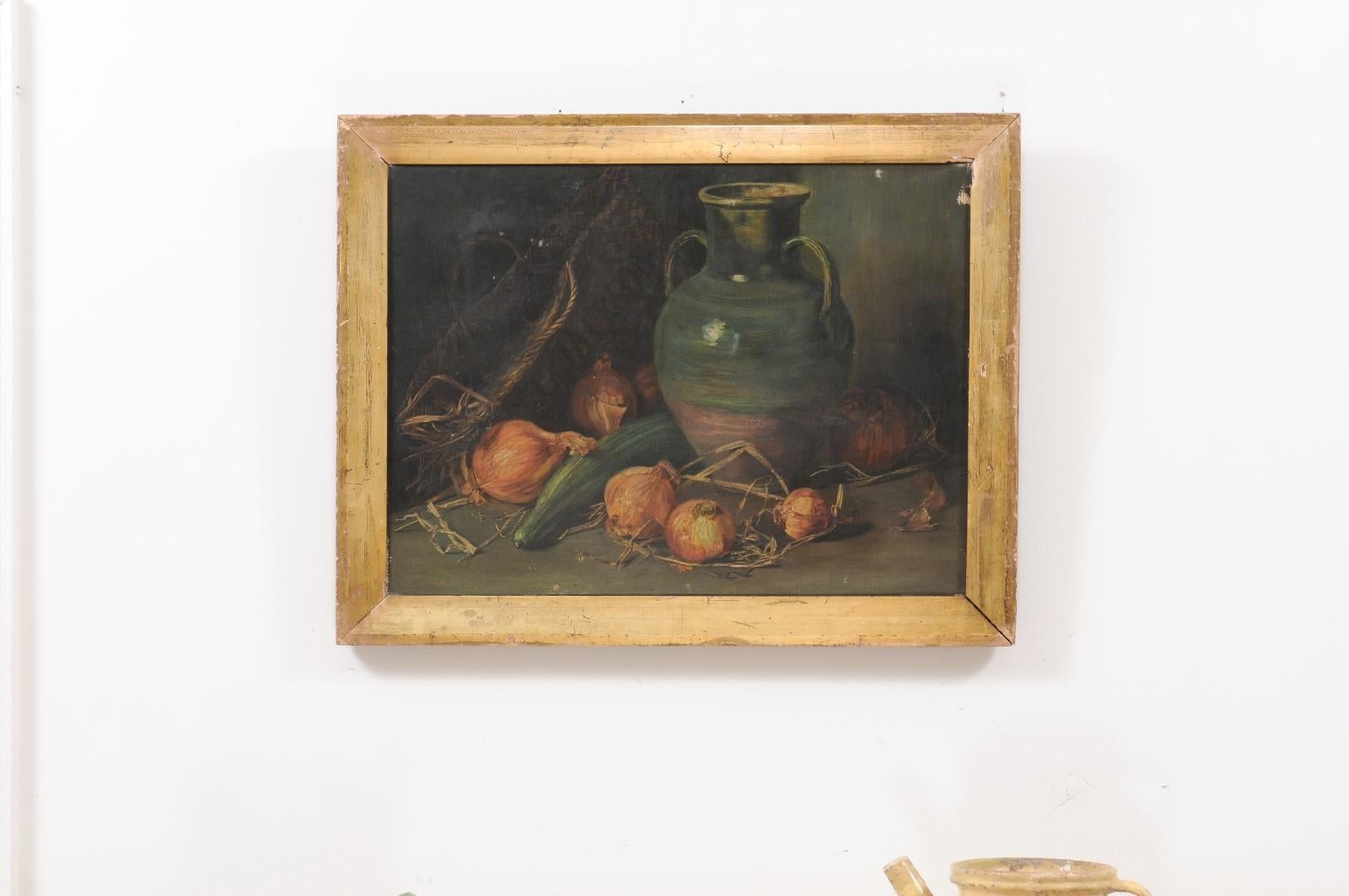 An English framed oil on canvas still-life painting from the mid 19th century by George Jackson. Created in England during the third quarter of the 19th century, this George Jackson oil on canvas depicts a Southern French green glazed jar surrounded