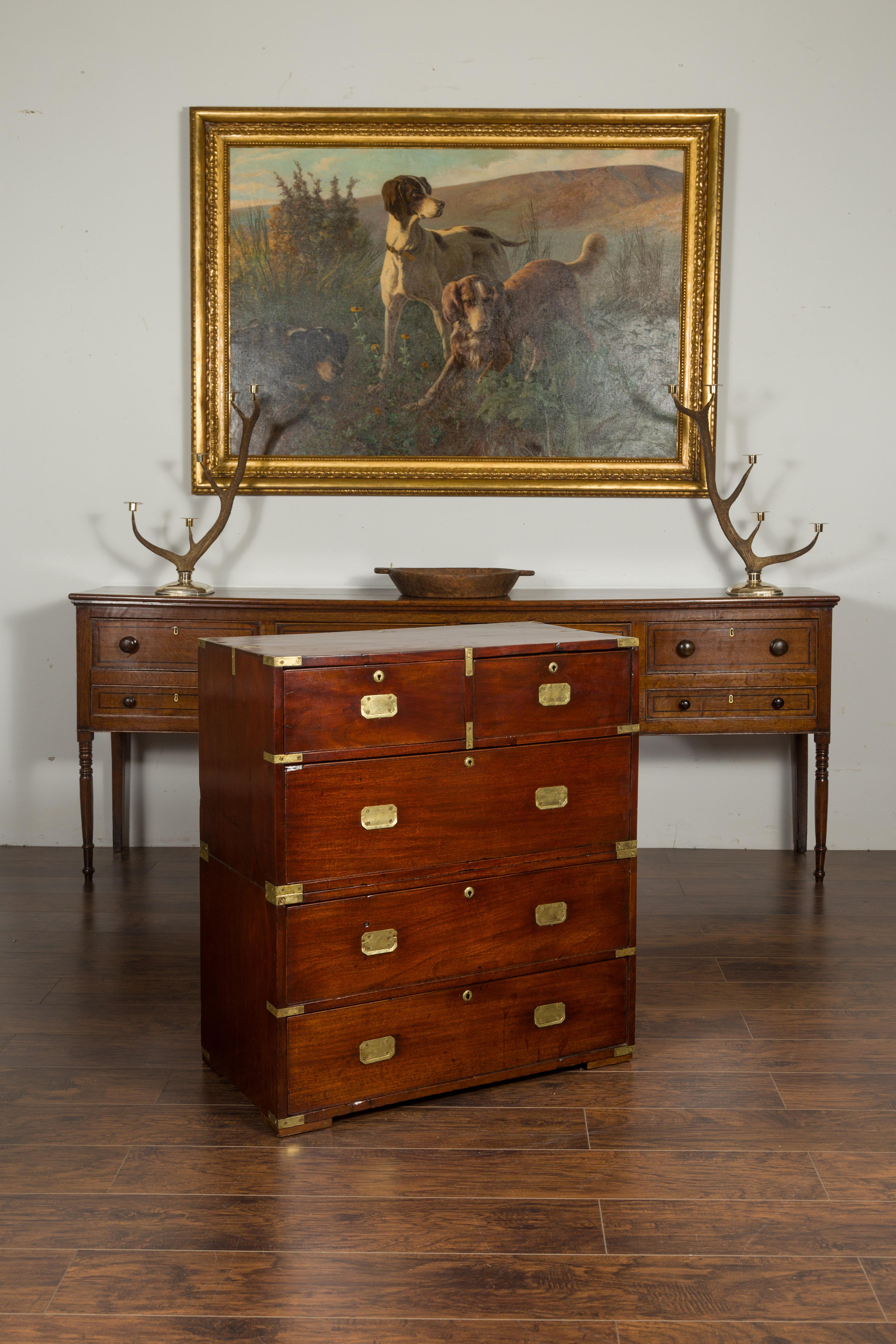 English 1860s Mahogany Campaign Chest with Small Desk Area and Brass Hardware 4