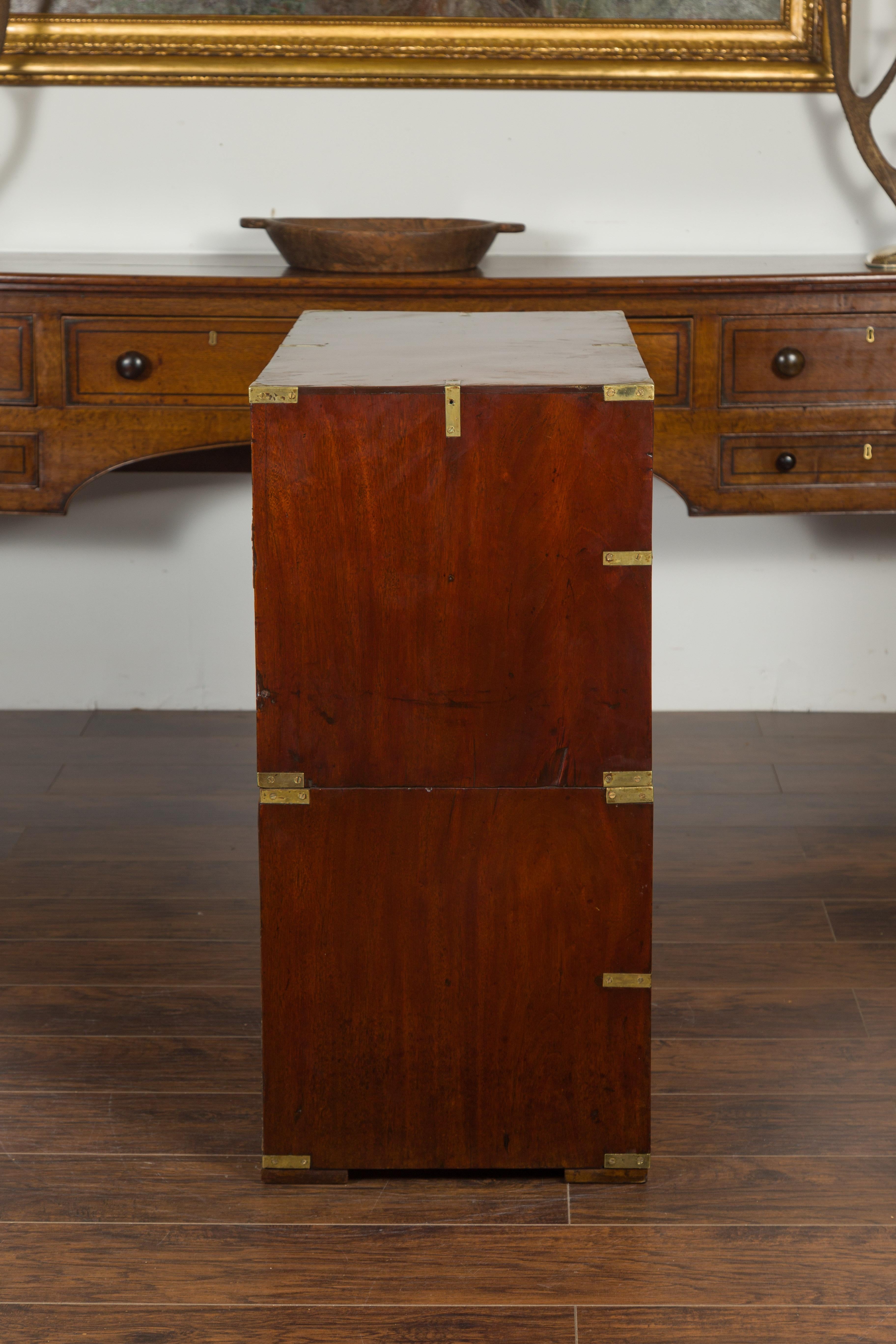 English 1860s Mahogany Campaign Chest with Small Desk Area and Brass Hardware 5