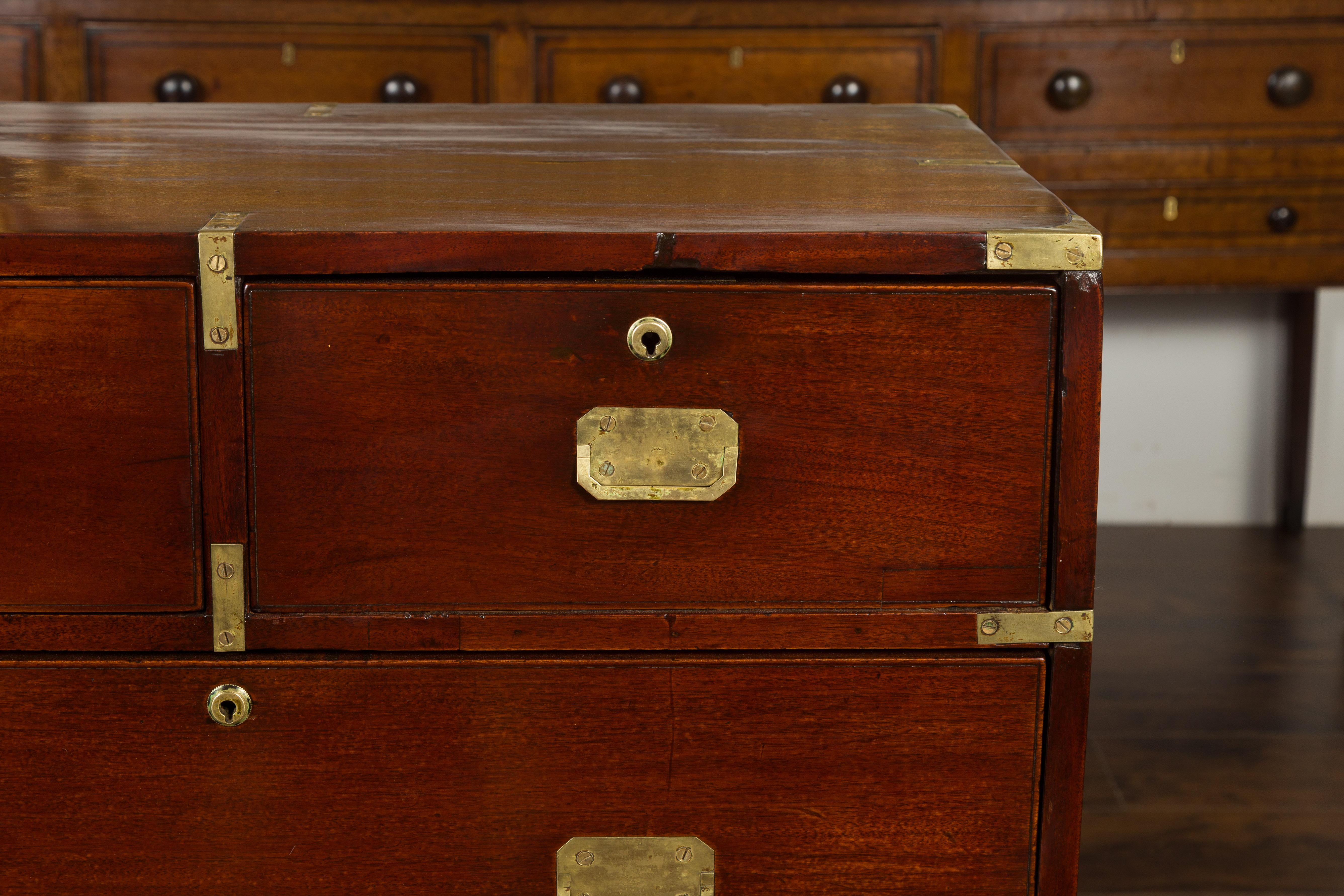 19th Century English 1860s Mahogany Campaign Chest with Small Desk Area and Brass Hardware