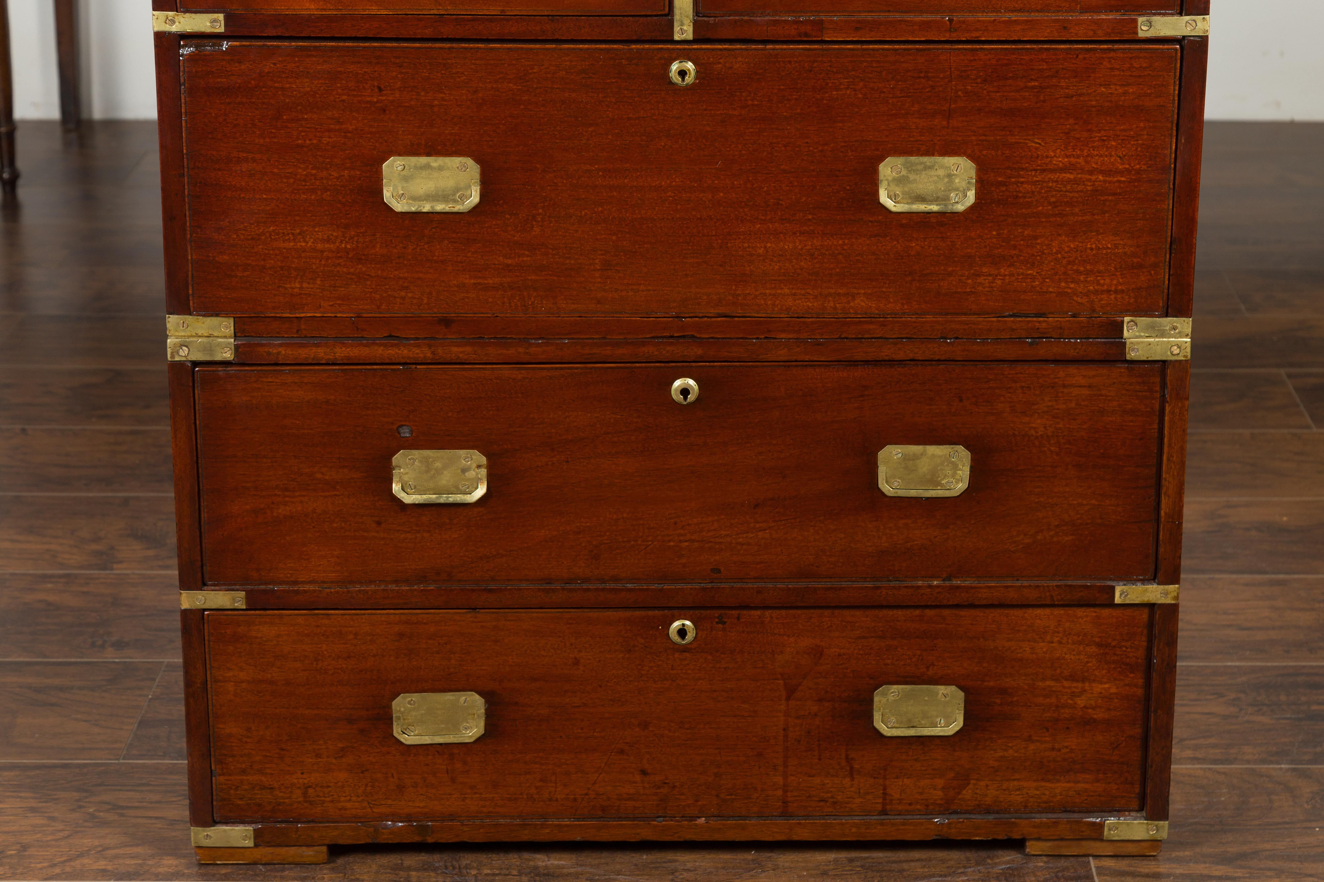 English 1860s Mahogany Campaign Chest with Small Desk Area and Brass Hardware 1