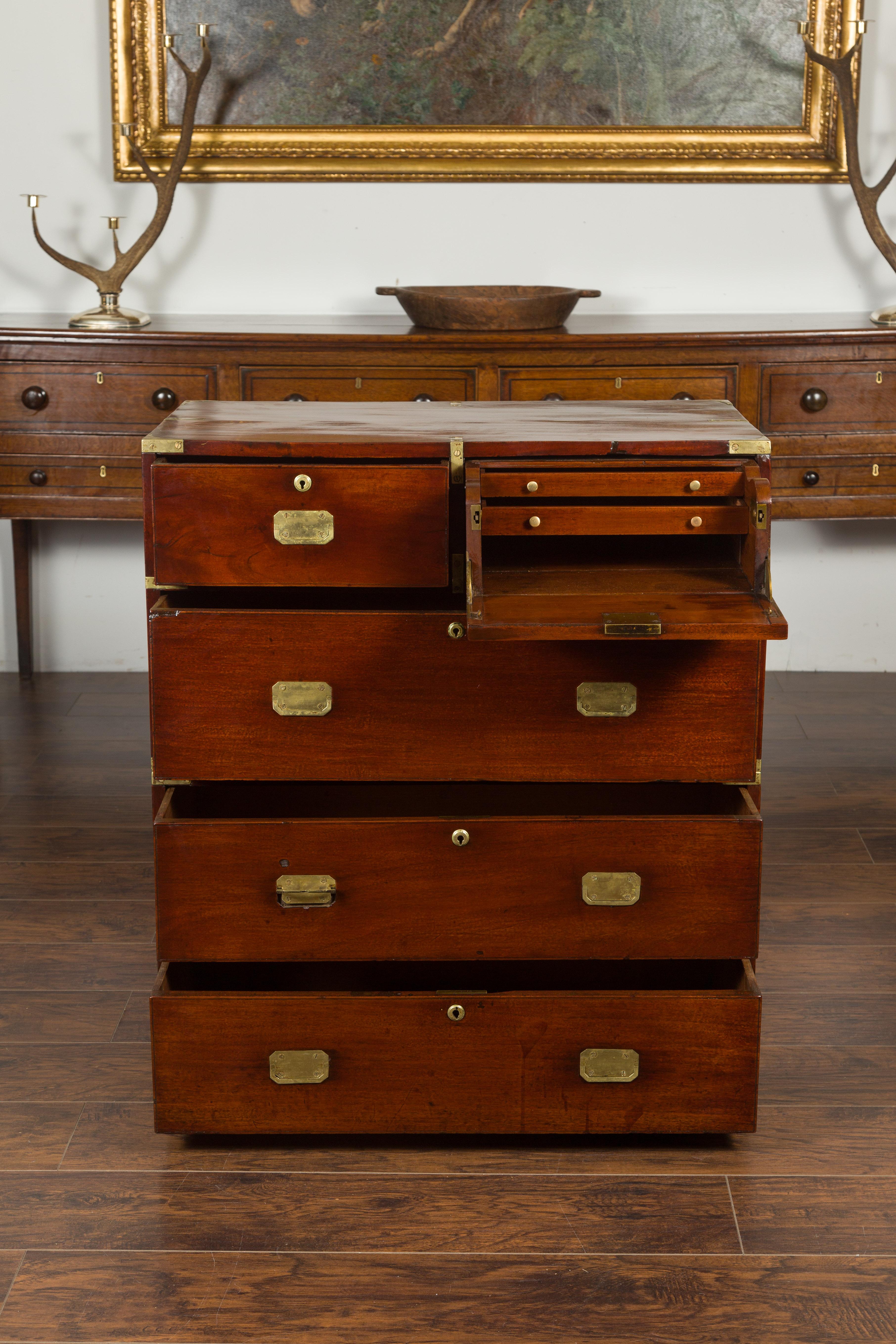 English 1860s Mahogany Campaign Chest with Small Desk Area and Brass Hardware 2