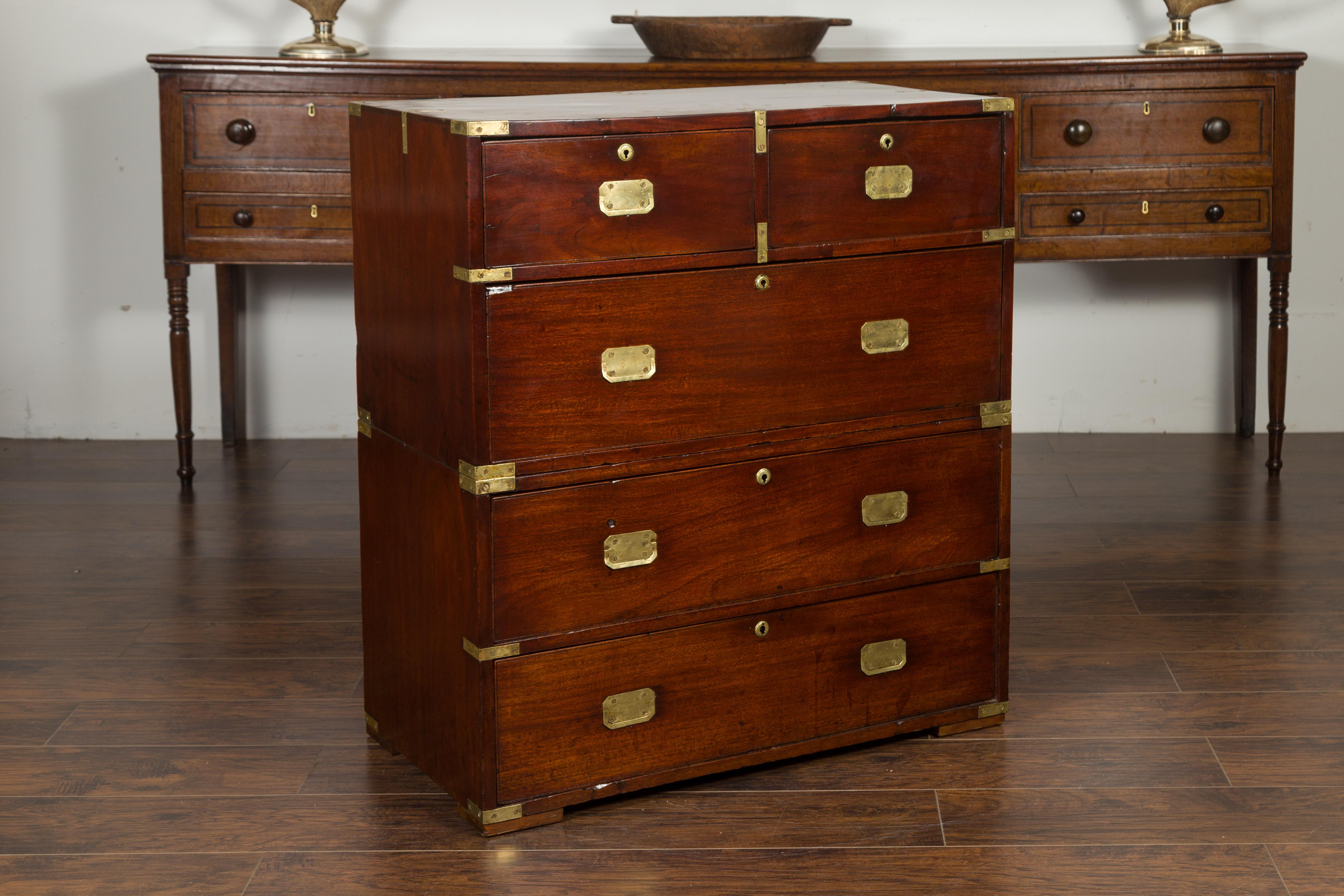 English 1860s Mahogany Campaign Chest with Small Desk Area and Brass Hardware 3