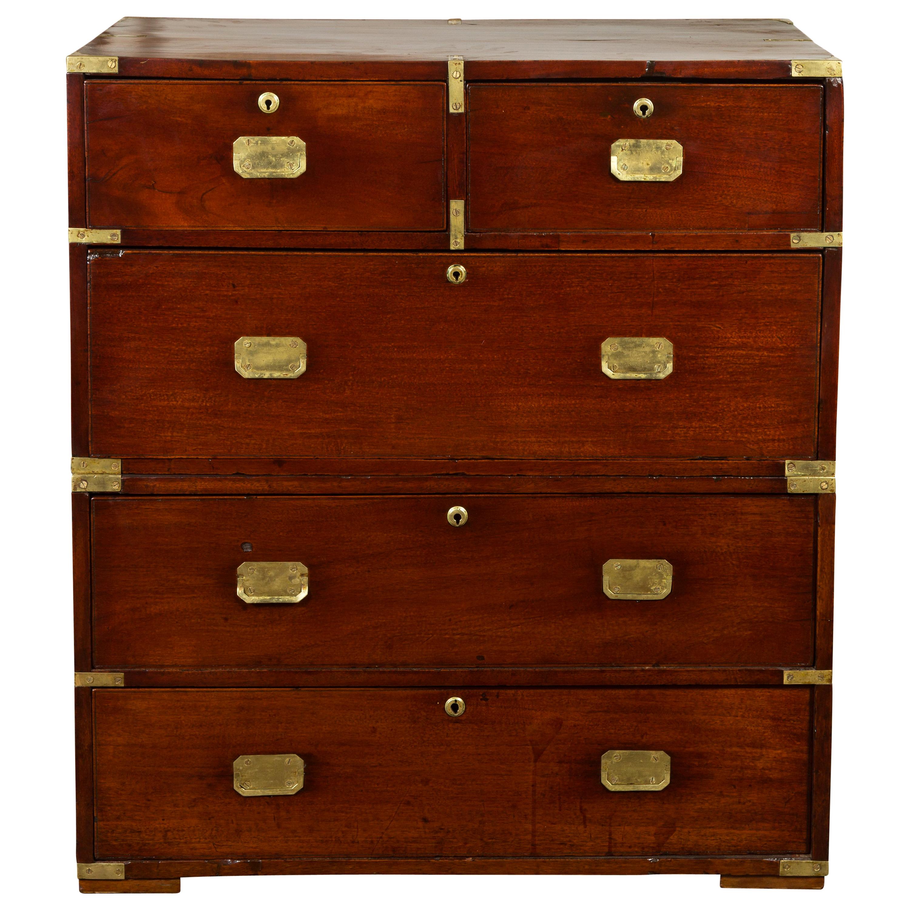 English 1860s Mahogany Campaign Chest with Small Desk Area and Brass Hardware