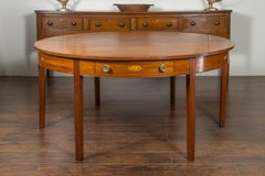 English 1860s Mahogany Round Top Dining Room Table with Drawers and Marquetry
