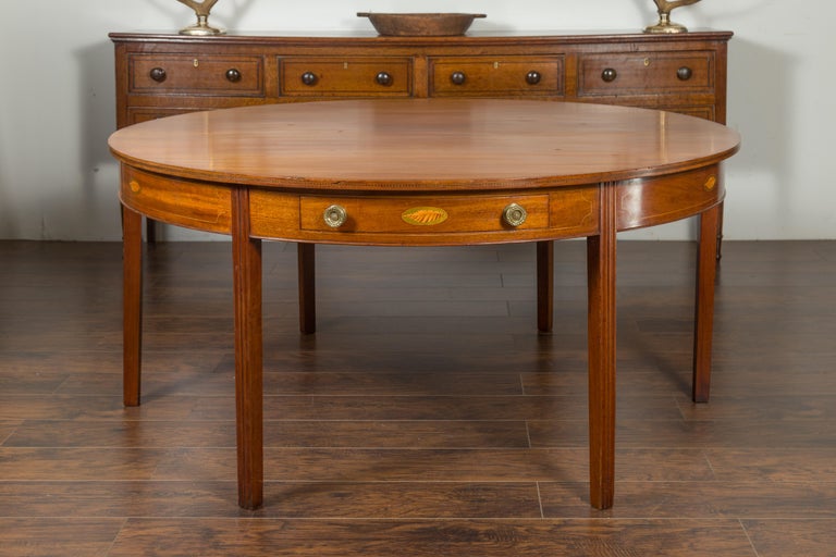 English 1860s Mahogany Round Top Dining Room Table with Drawers and