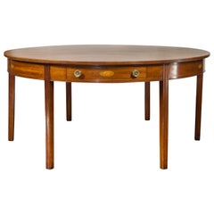 English 1860s Mahogany Round Top Dining Room Table with Drawers and Marquetry