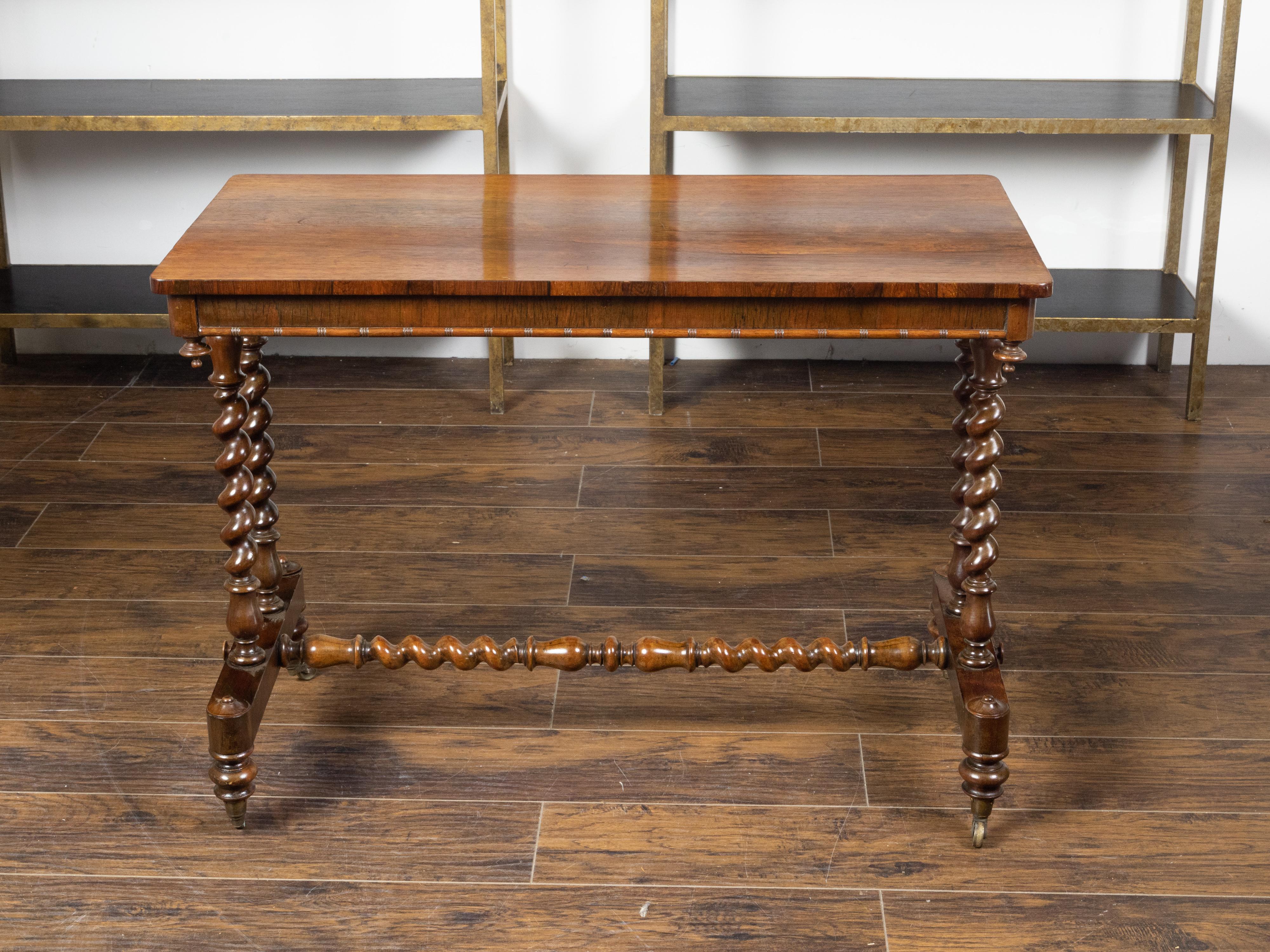 English 1860s Mahogany Table with Barley Twist Base and Petite Casters For Sale 6