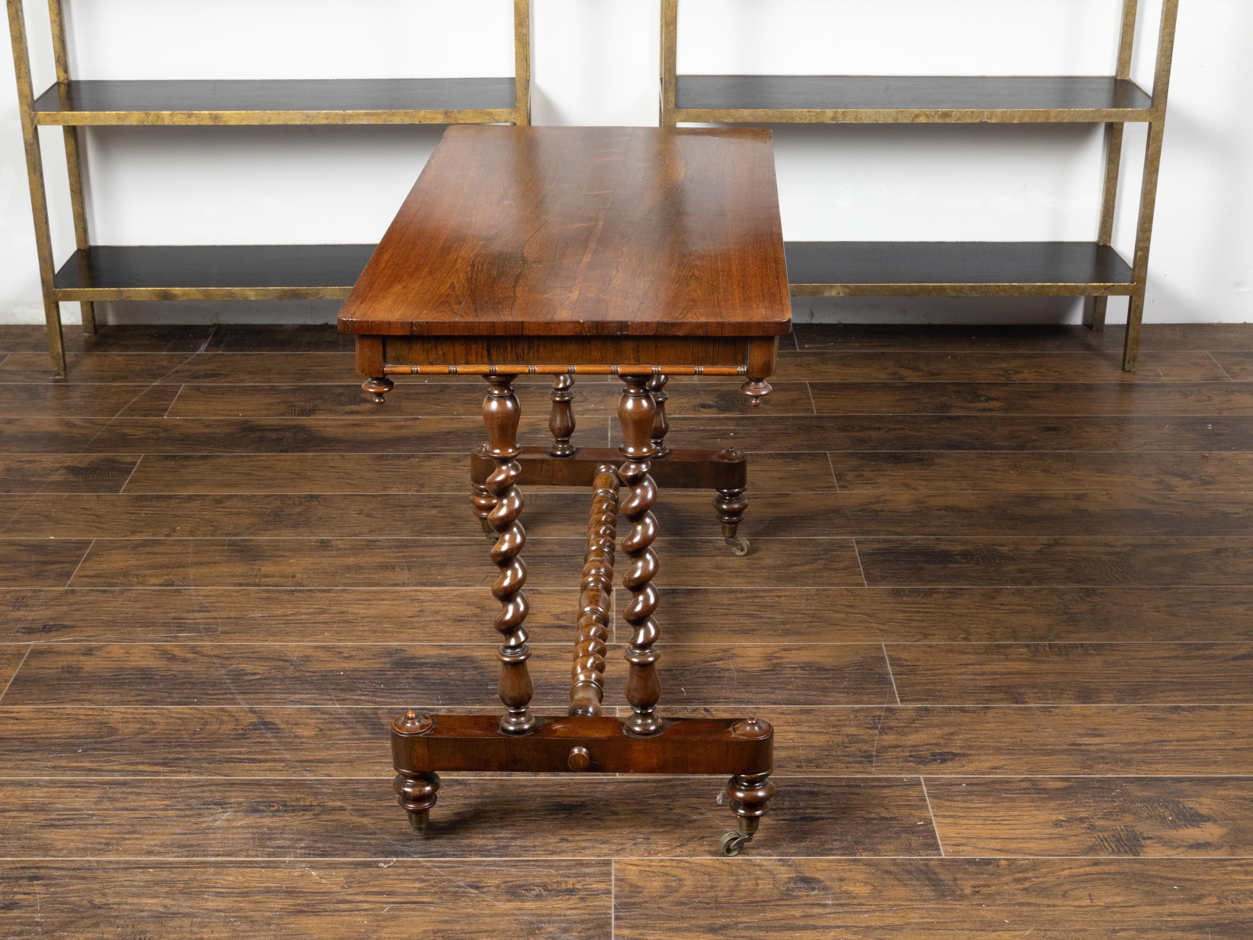English 1860s Mahogany Table with Barley Twist Base and Petite Casters For Sale 7