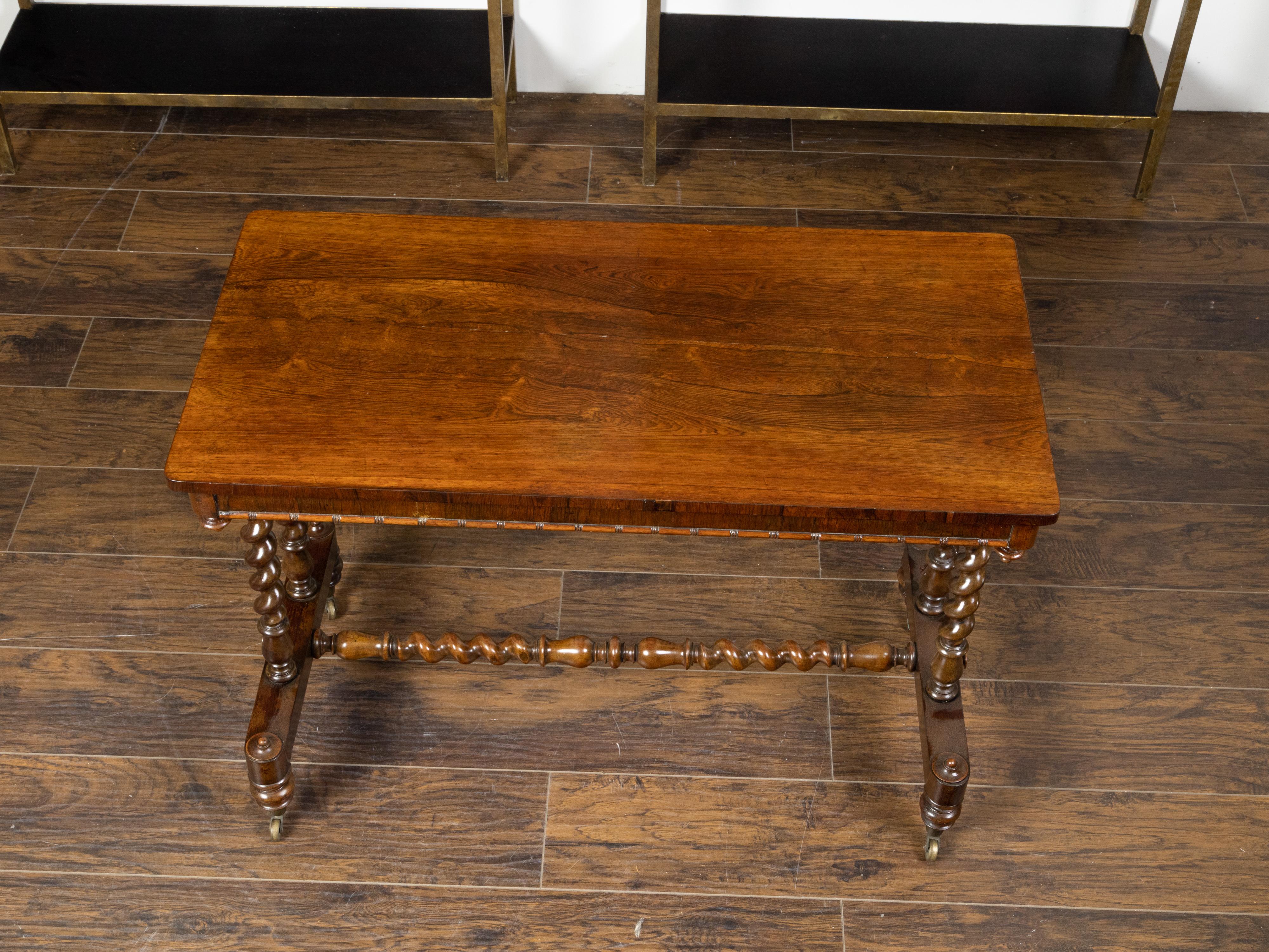 English 1860s Mahogany Table with Barley Twist Base and Petite Casters For Sale 2