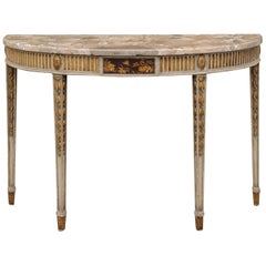 English 1860s Neoclassical Painted Demilune with Chinoiserie and Marble Top