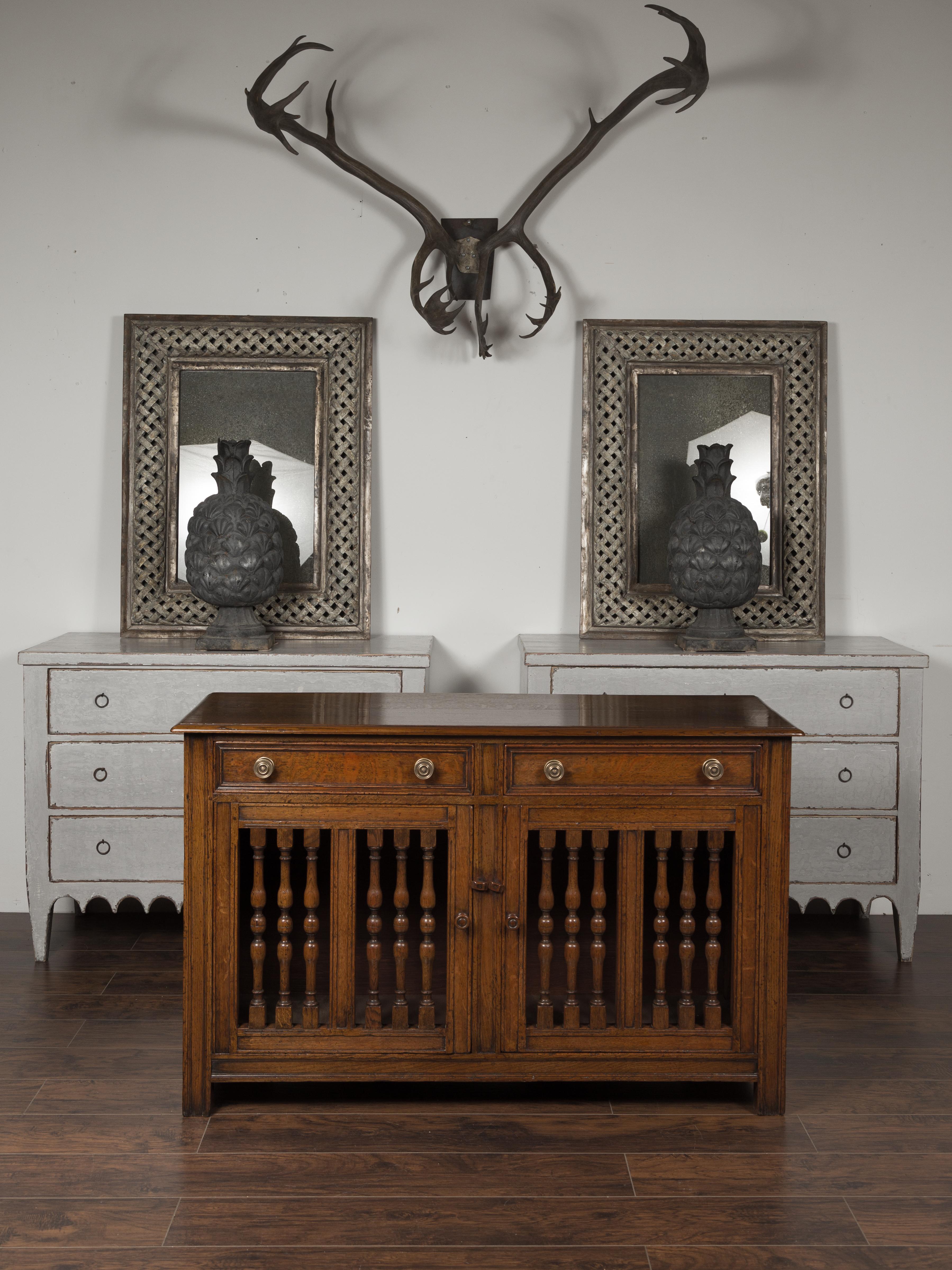 Turned English 1860s Oak Buffet with Two Drawers, Two Doors and Baluster Motifs
