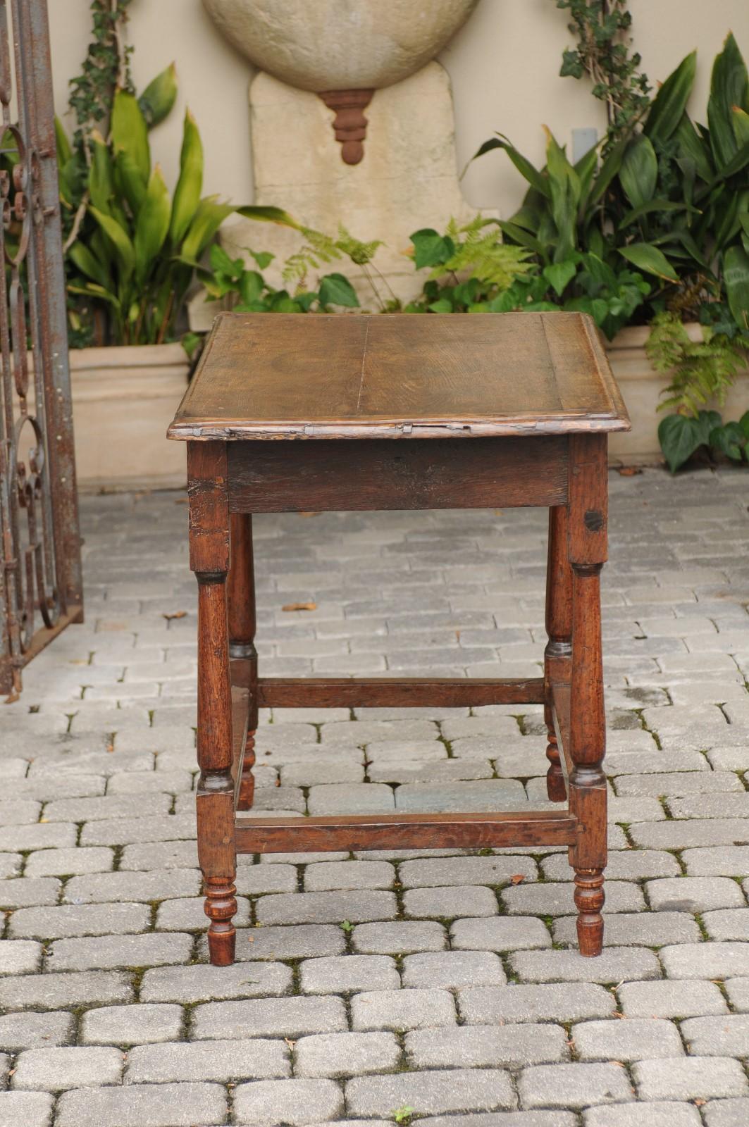 English 1860s Oak Side Table with Drawer, Turned Baluster Legs and Stretcher 3