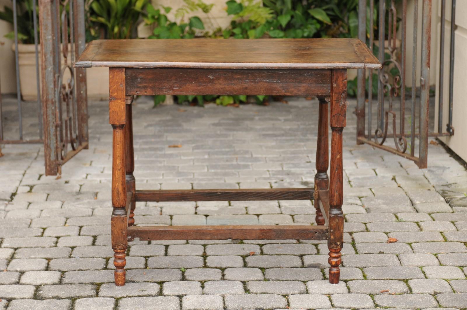 English 1860s Oak Side Table with Drawer, Turned Baluster Legs and Stretcher 4