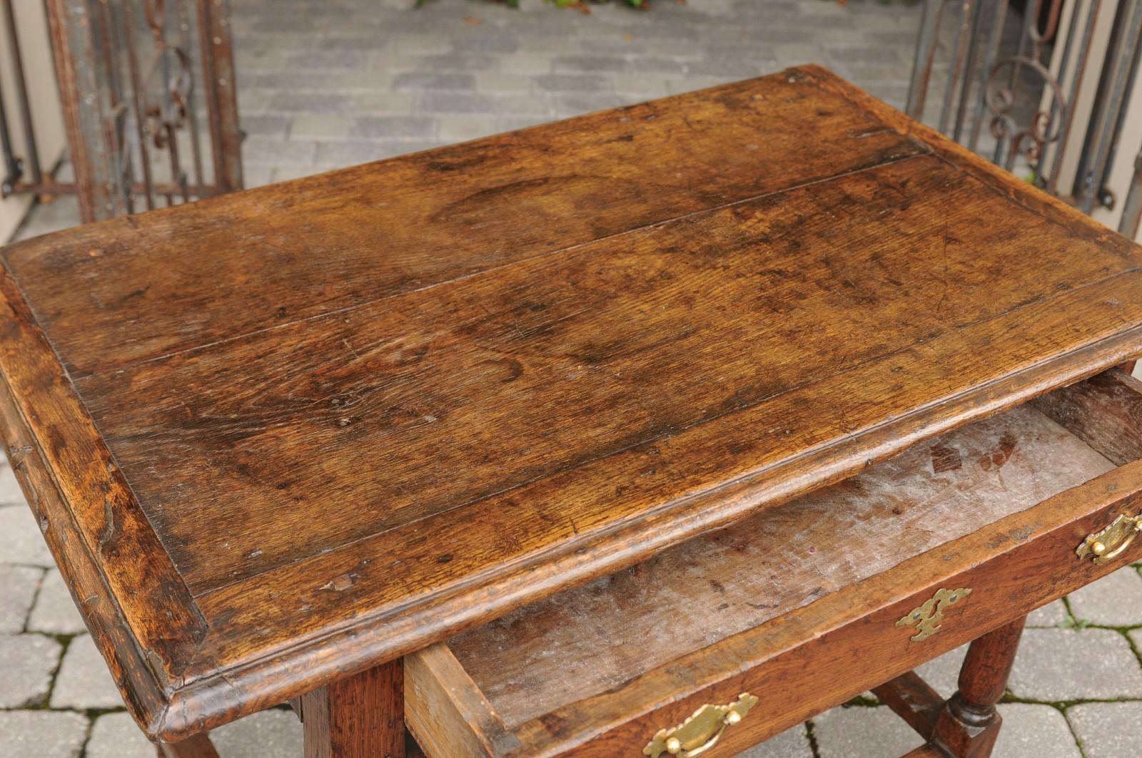 English 1860s Oak Side Table with Drawer, Turned Baluster Legs and Stretcher 2