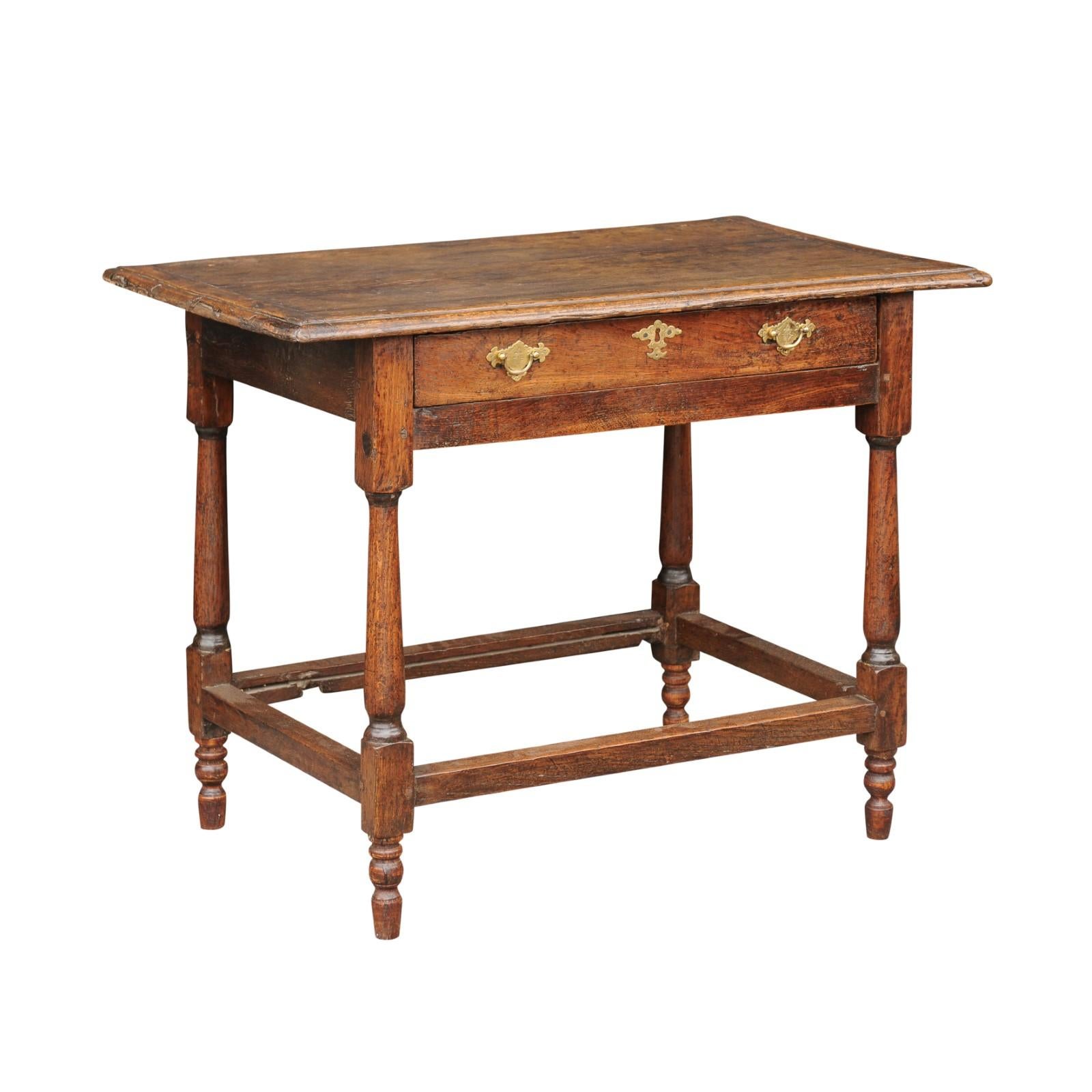 English 1860s Oak Side Table with Drawer, Turned Baluster Legs and Stretcher