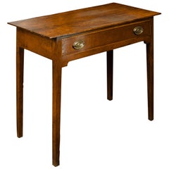 Antique English 1860s Oak Side Table with Single Drawer, Banding and Straight Legs