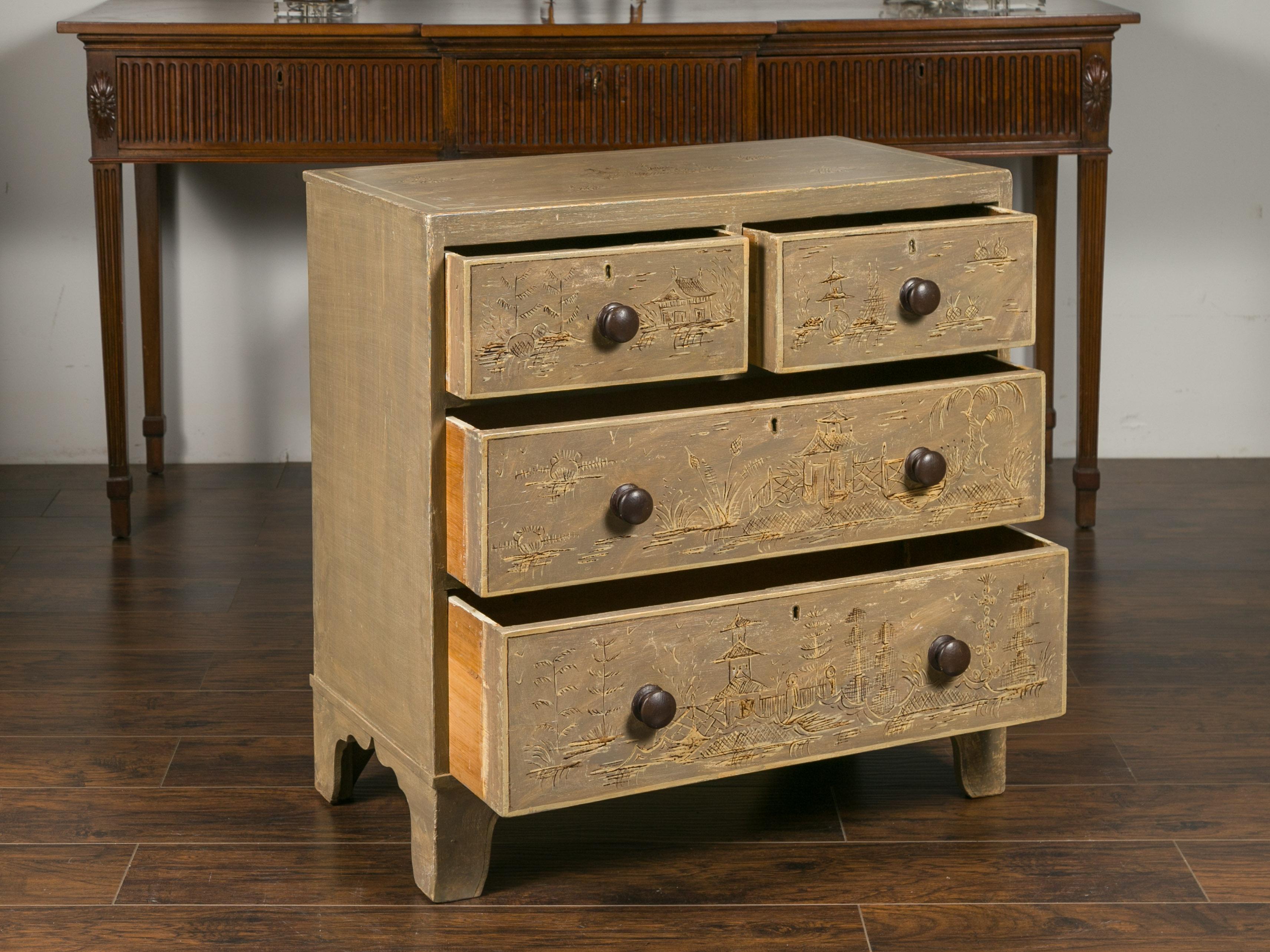 English 1860s Painted Chinoiserie Four-Drawer Chest with Ogee Bracket Feet 6