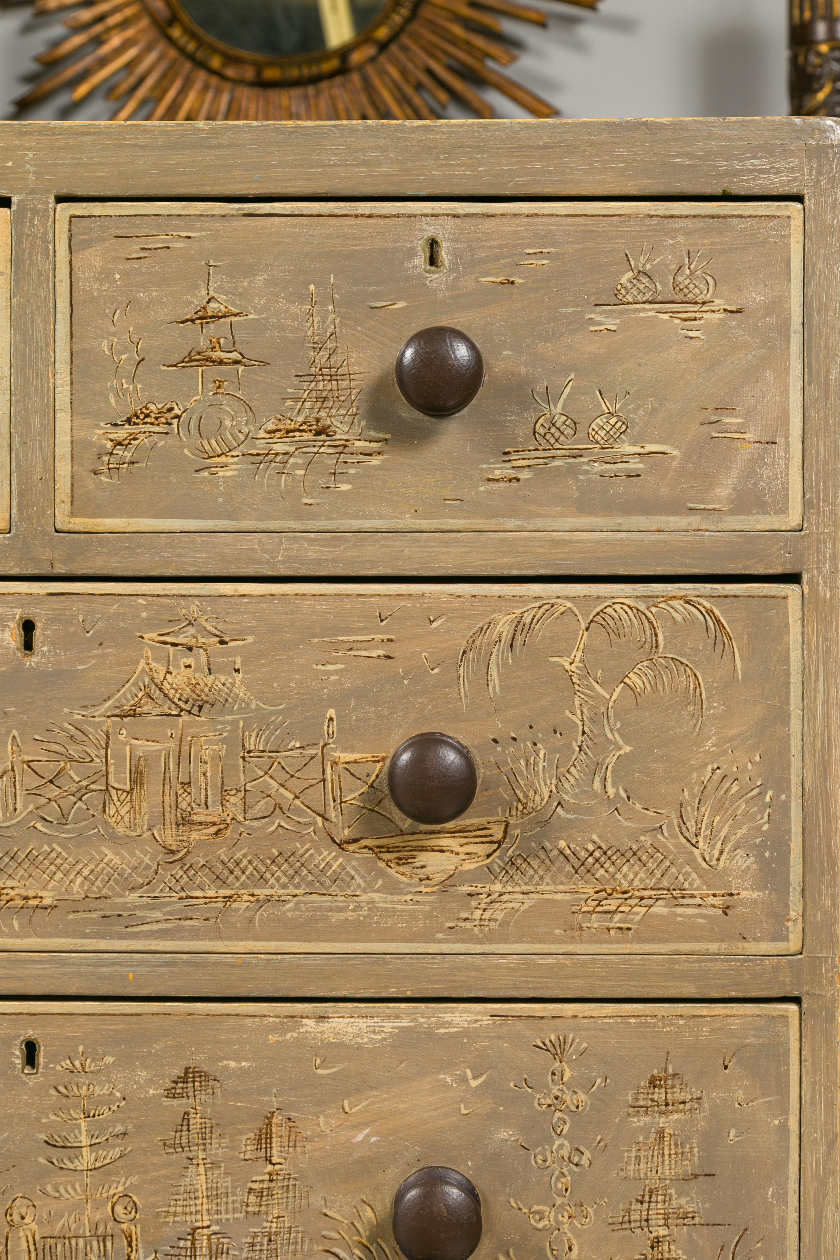 English 1860s Painted Chinoiserie Four-Drawer Chest with Ogee Bracket Feet 9