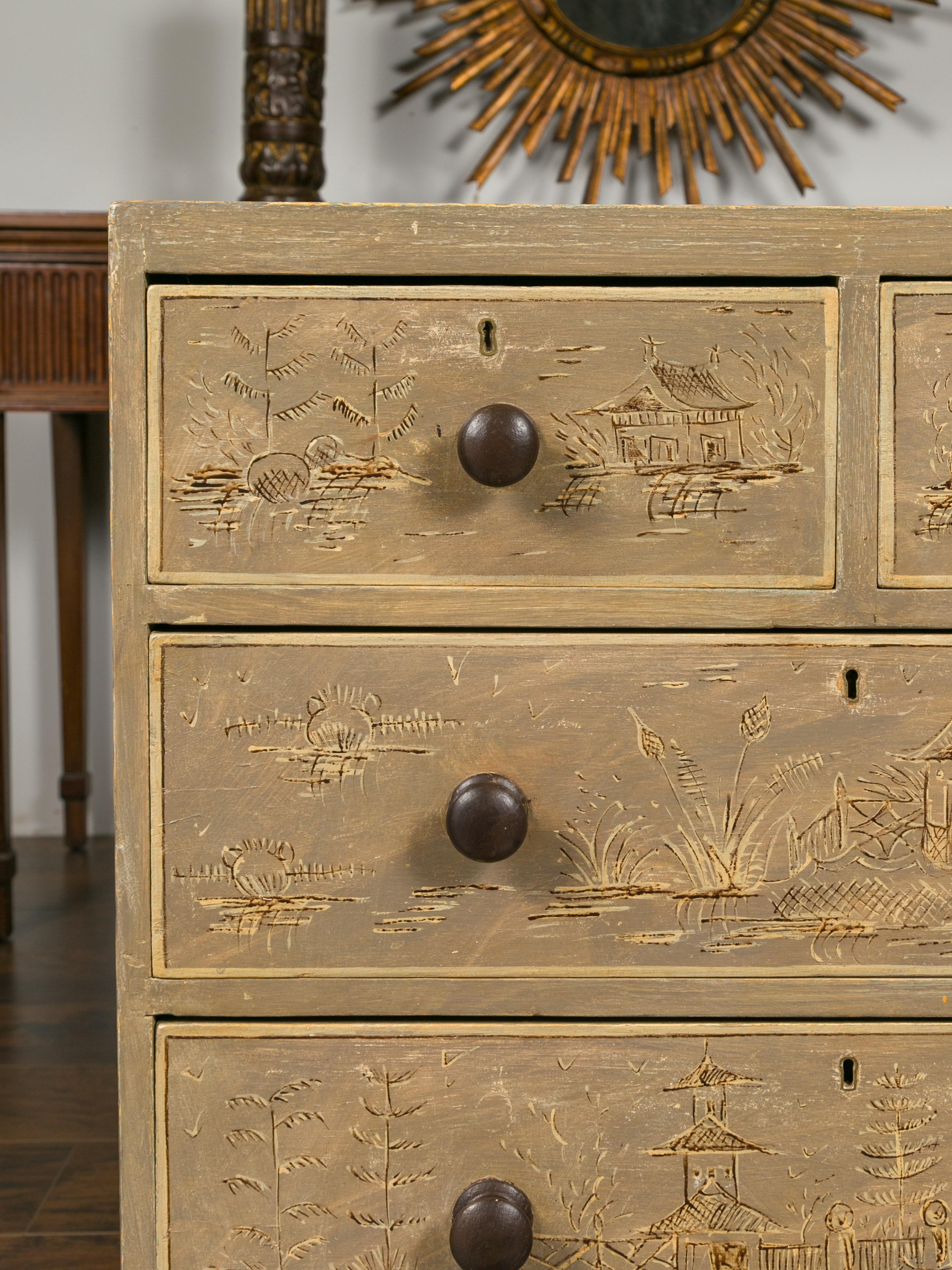 English 1860s Painted Chinoiserie Four-Drawer Chest with Ogee Bracket Feet 10