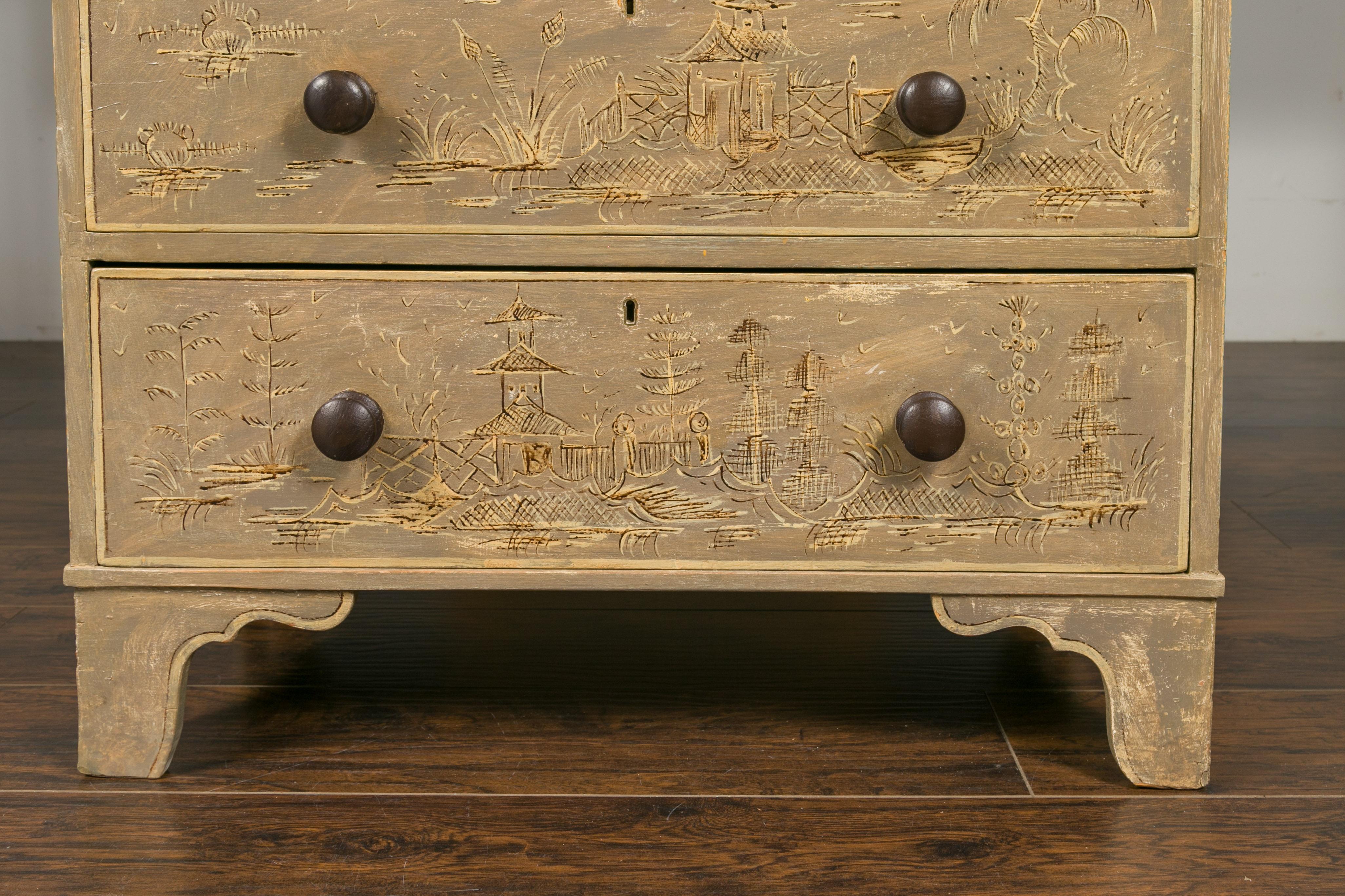 English 1860s Painted Chinoiserie Four-Drawer Chest with Ogee Bracket Feet 11