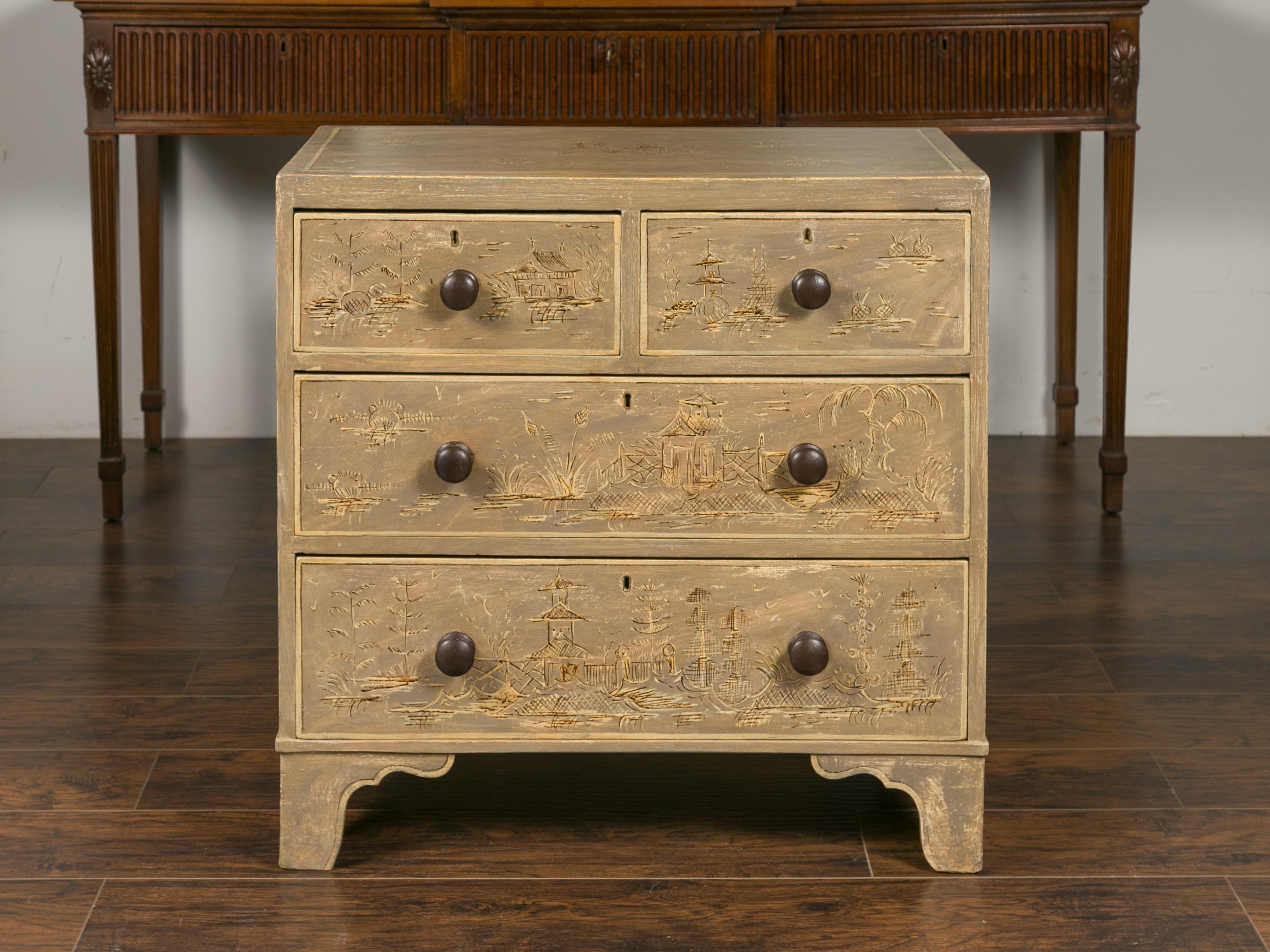 English 1860s Painted Chinoiserie Four-Drawer Chest with Ogee Bracket Feet 12