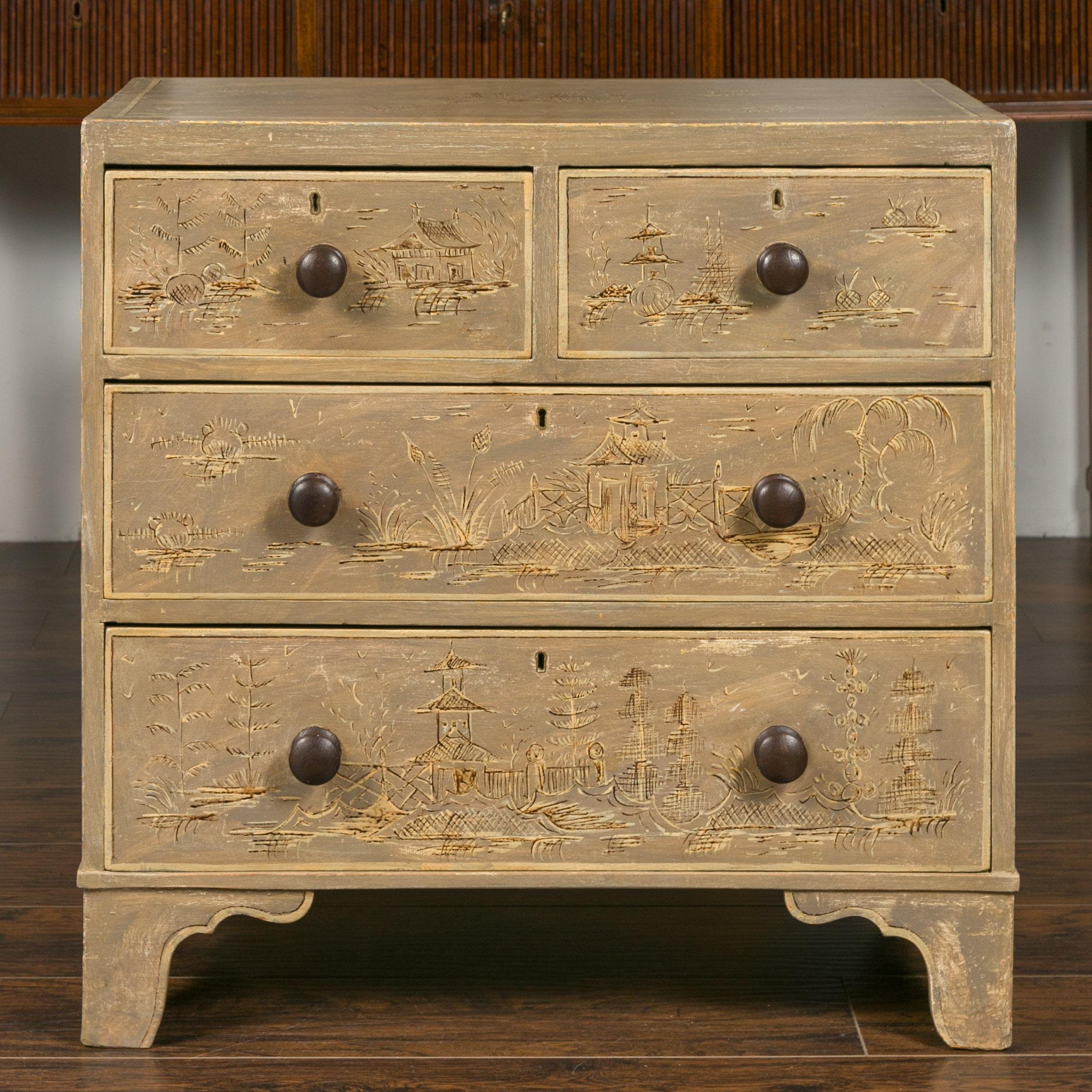 An English chinoiserie painted chest of drawers from the mid-19th century with some original paint and some later painting on ogee bracket feet. Born in England during the third quarter of the 19th century, this painted chest features a rectangular