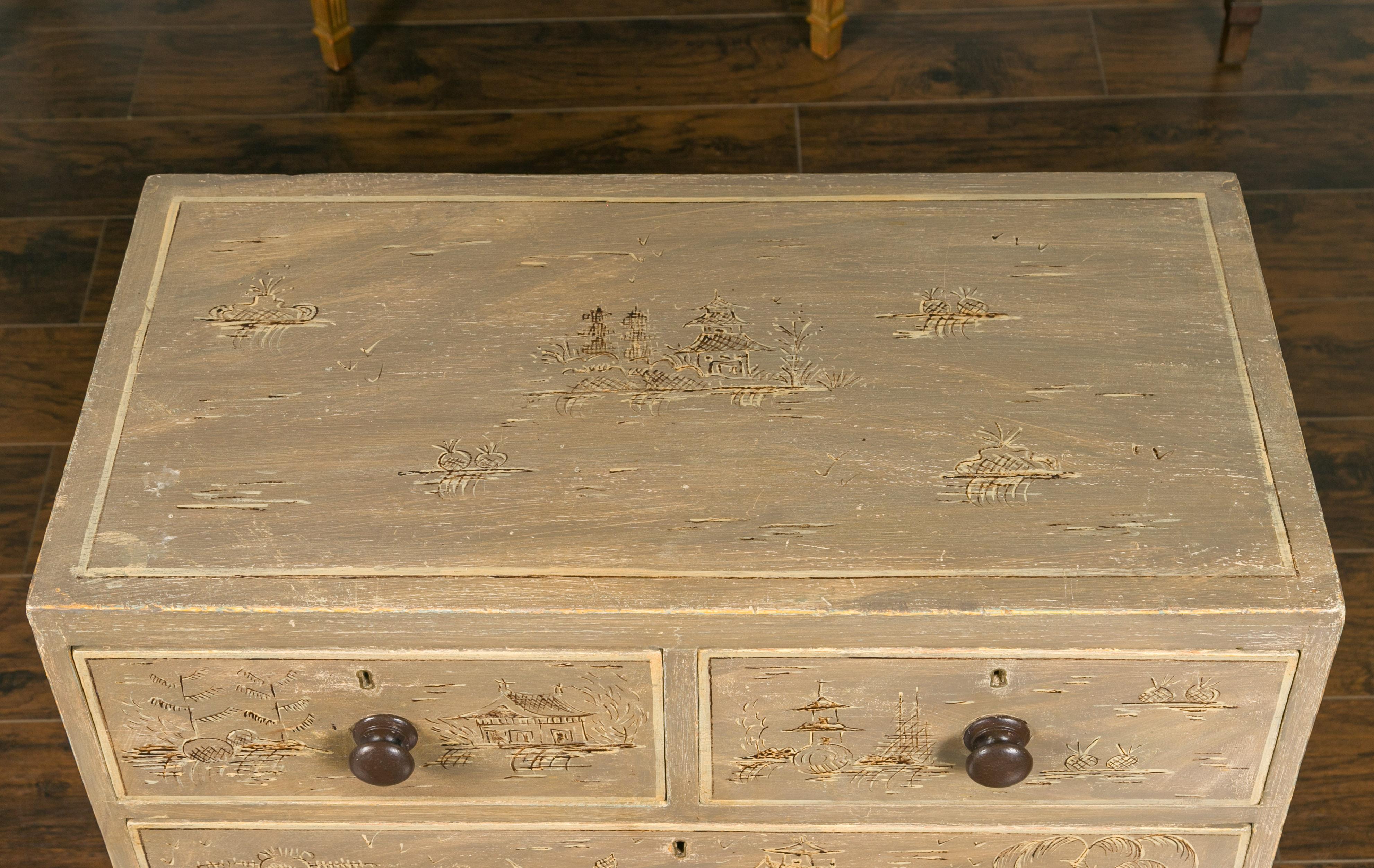 English 1860s Painted Chinoiserie Four-Drawer Chest with Ogee Bracket Feet 3