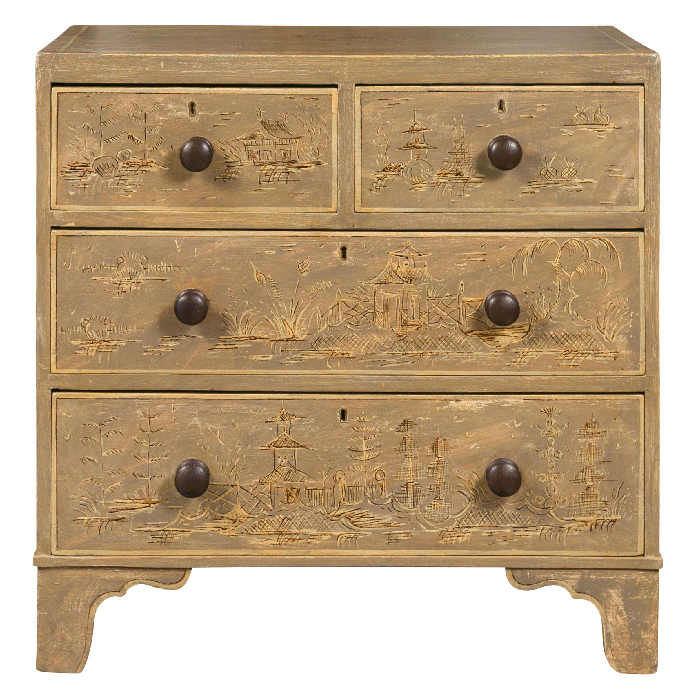 English 1860s Painted Chinoiserie Four-Drawer Chest with Ogee Bracket Feet