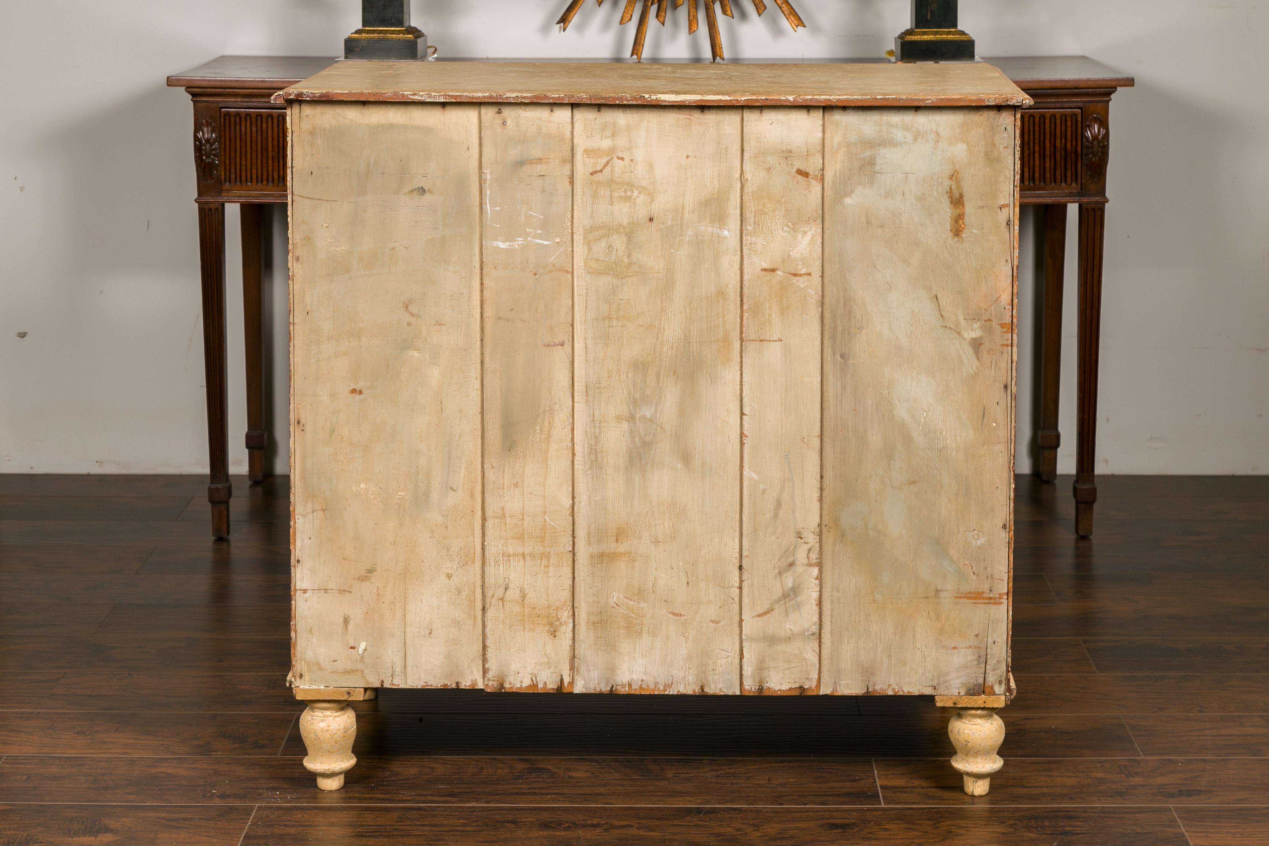 English 1860s Painted Wood Five-Drawer Chest with Turnip Feet and Wooden Pulls For Sale 9