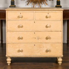 English 1860s Painted Wood Five-Drawer Chest with Turnip Feet and Wooden Pulls