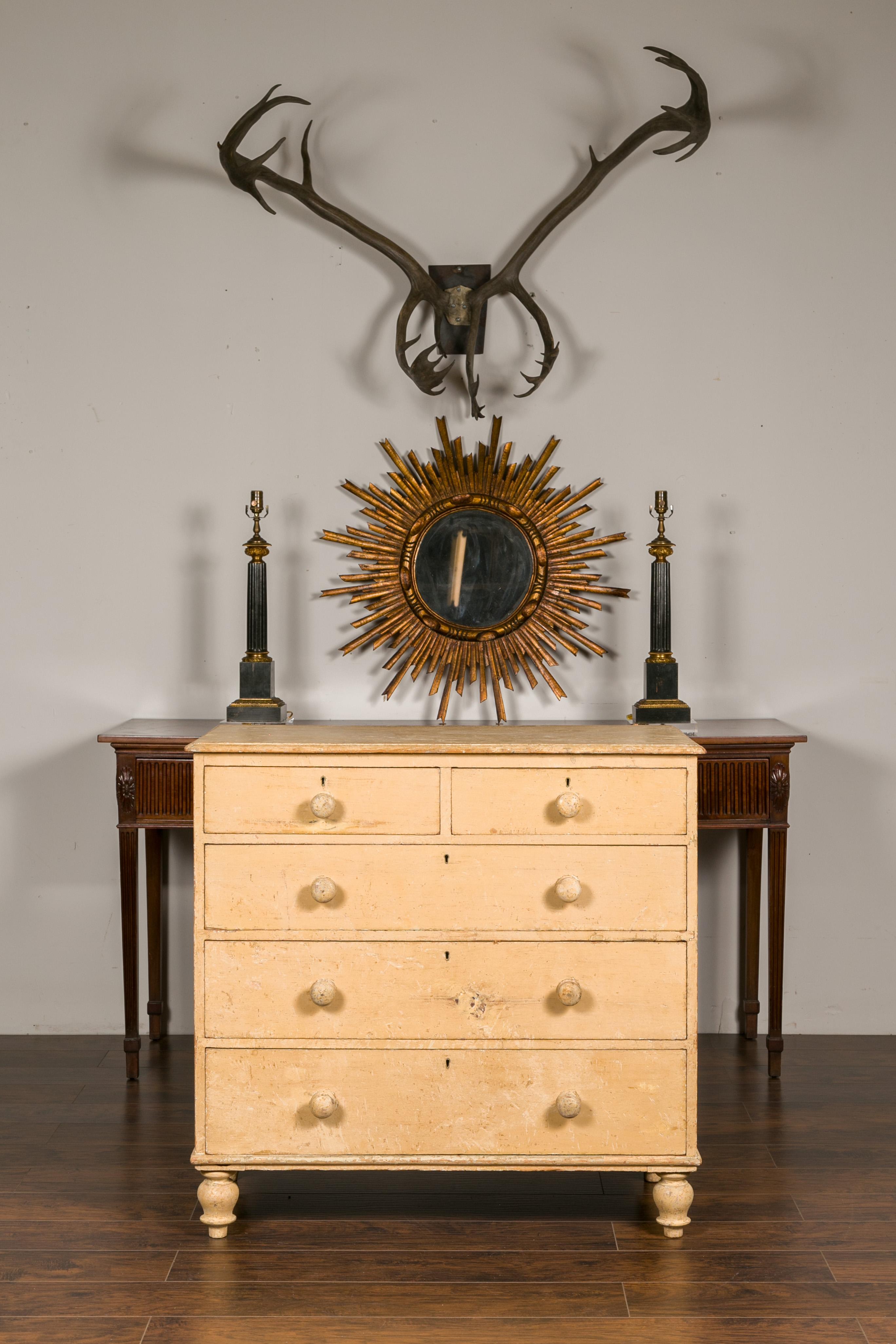 English 1860s Painted Wood Five-Drawer Chest with Turnip Feet and Wooden Pulls In Good Condition For Sale In Atlanta, GA