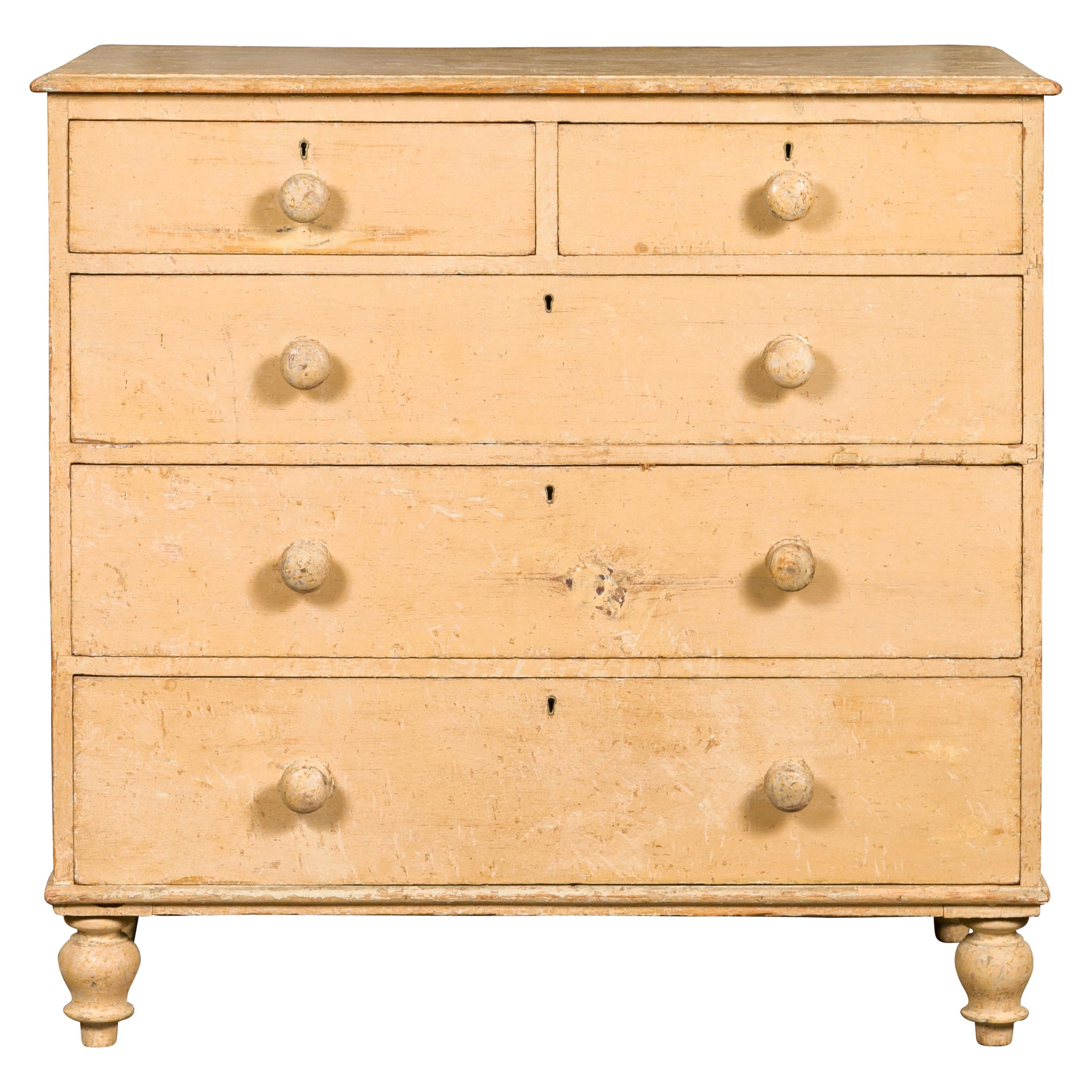 English 1860s Painted Wood Five-Drawer Chest with Turnip Feet and Wooden Pulls For Sale