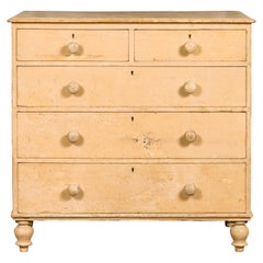 English 1860s Painted Wood Five-Drawer Chest with Turnip Feet and Wooden Pulls