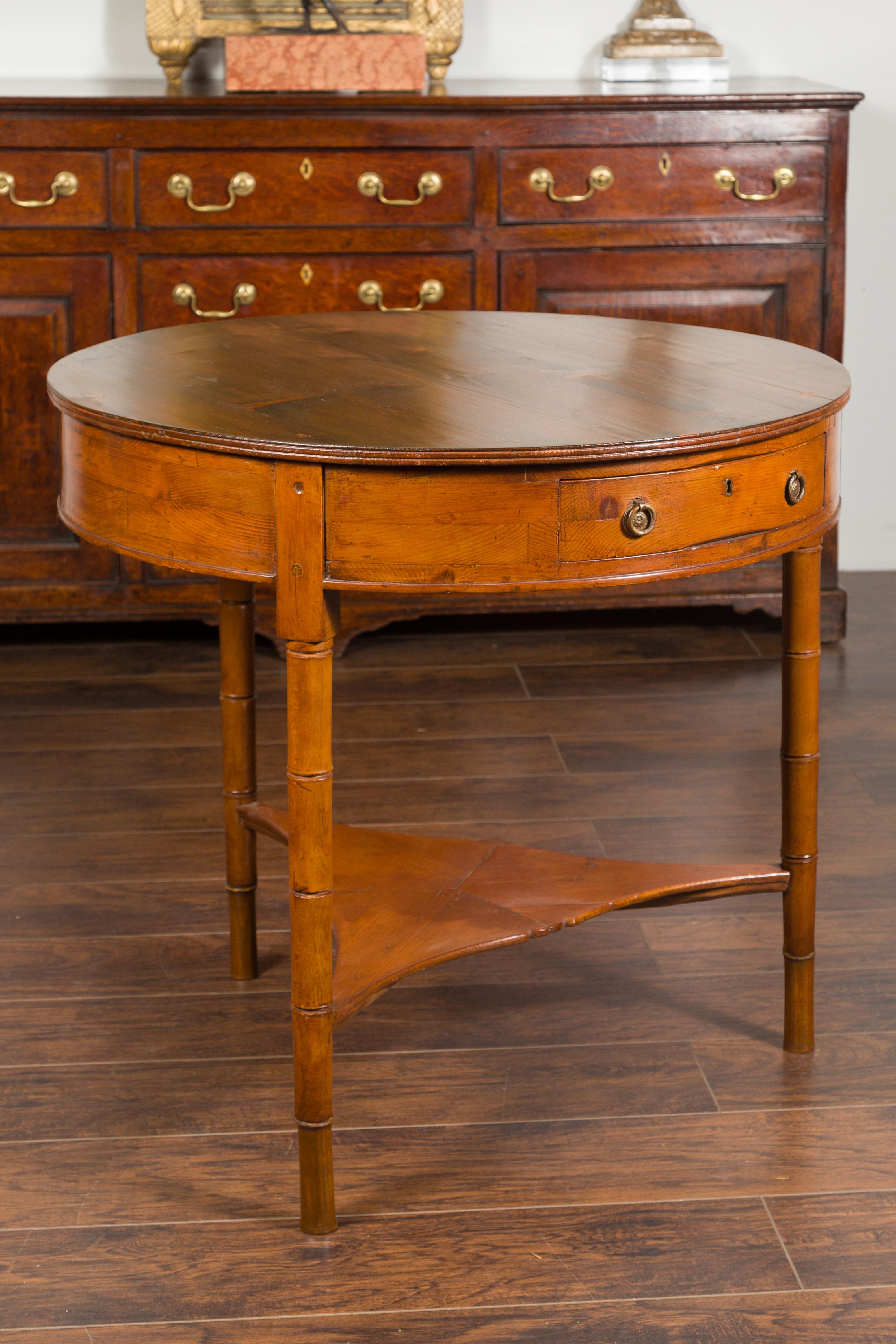 English 1860s Pine Center Table with Partitioned Drawer and Faux Bamboo Legs For Sale 3