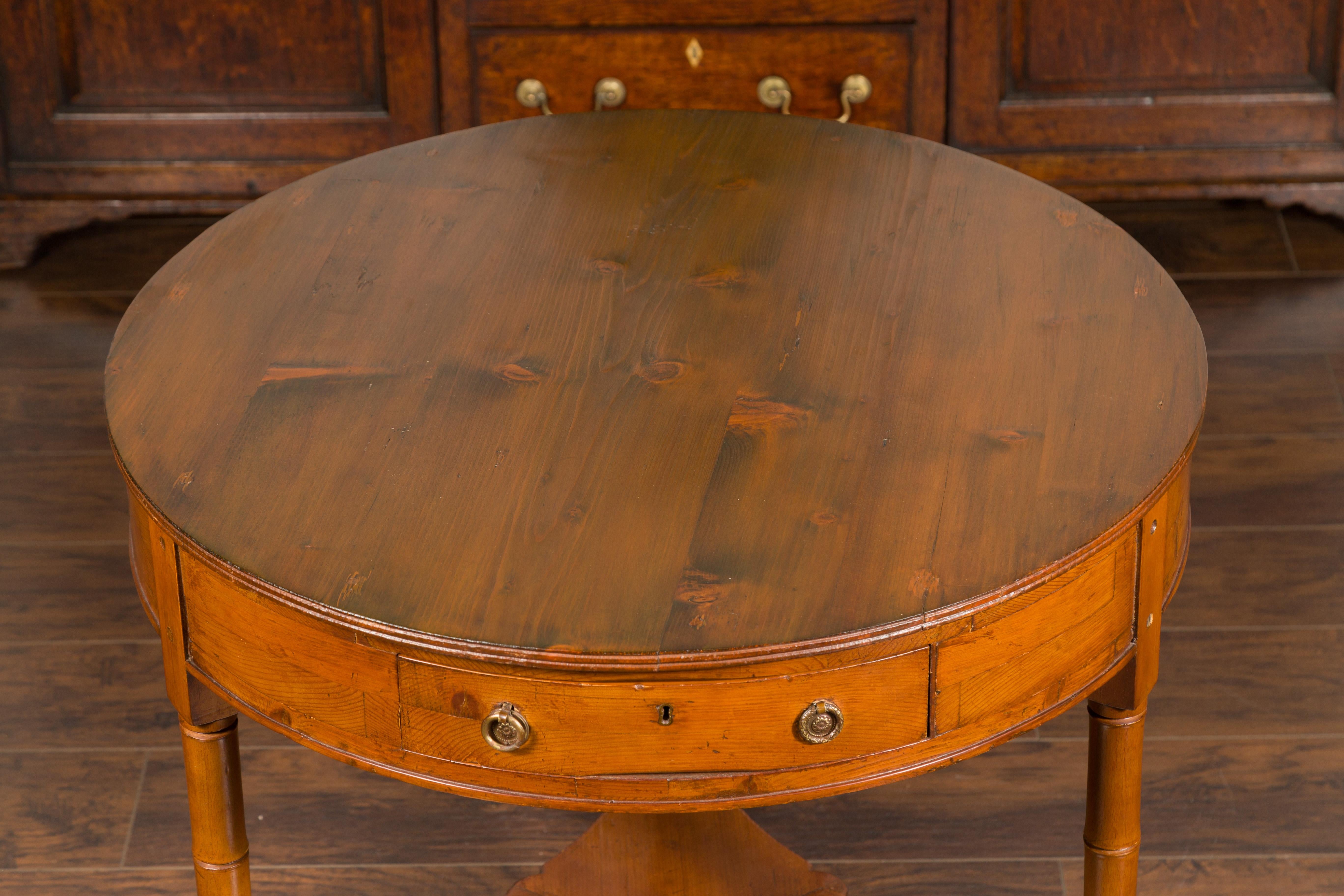 English 1860s Pine Center Table with Partitioned Drawer and Faux Bamboo Legs For Sale 2