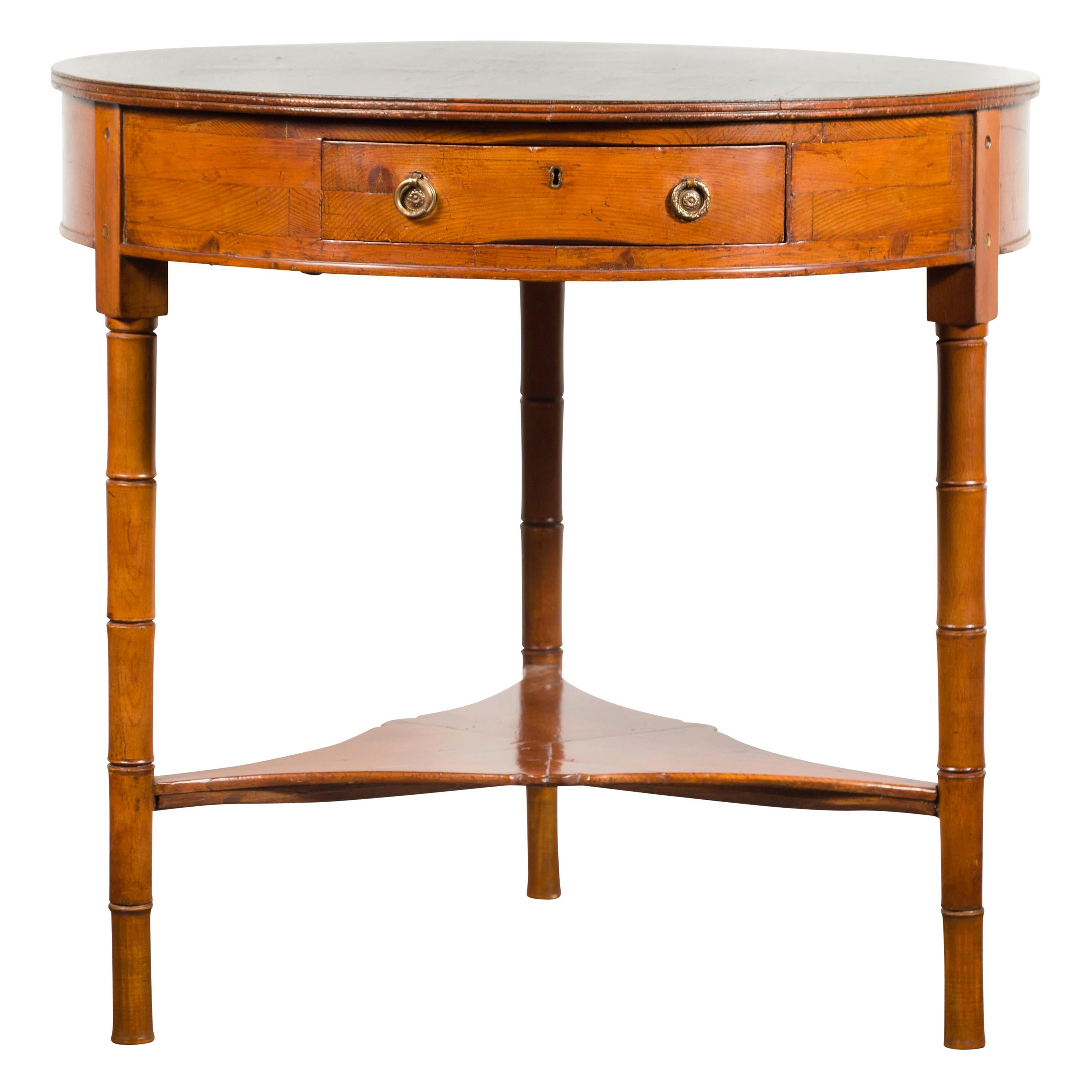 English 1860s Pine Center Table with Partitioned Drawer and Faux Bamboo Legs