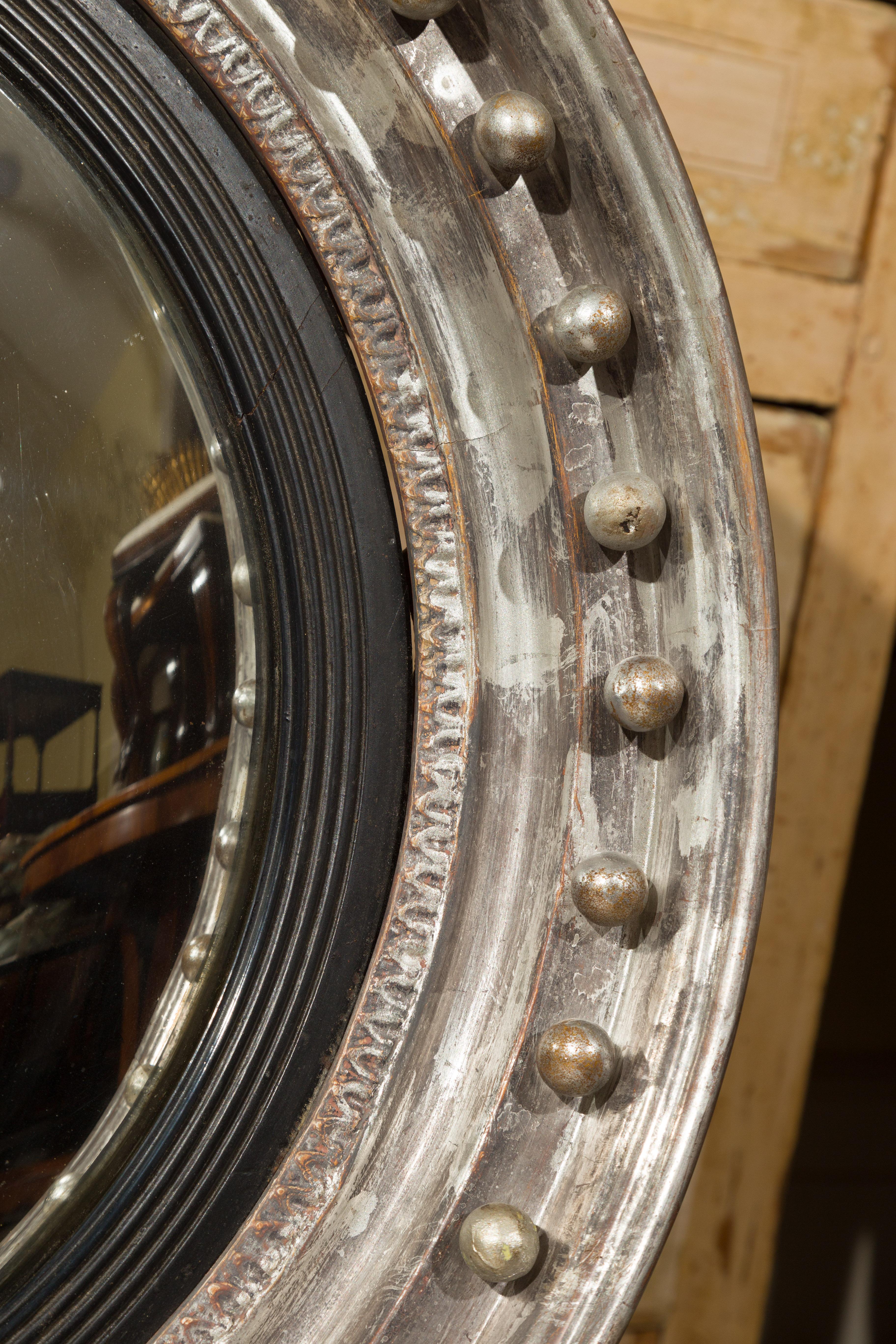 English 1860s Silver Leaf and Ebonized Wood Girandole Bull’s-Eye Convex Mirror 7