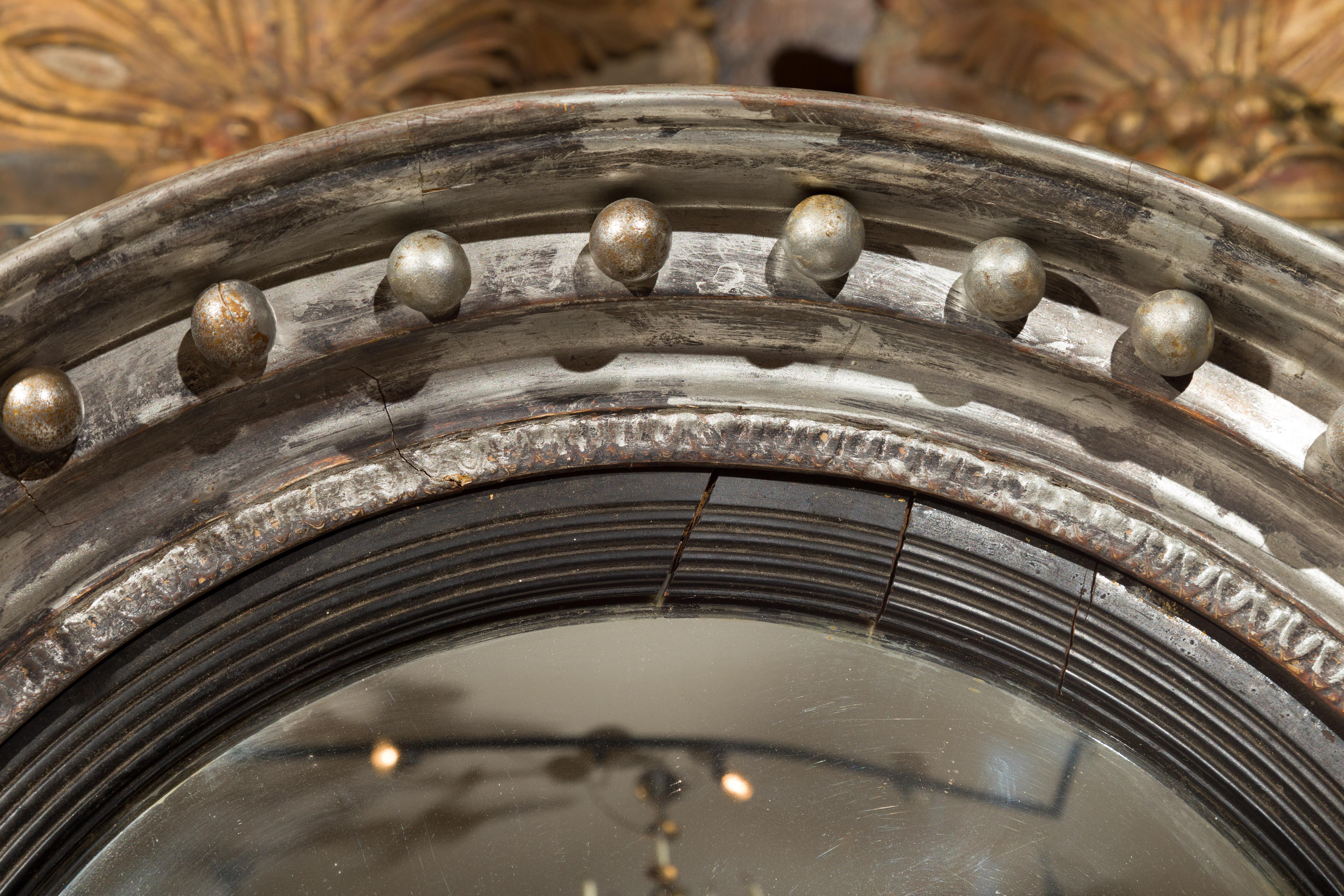 English 1860s Silver Leaf and Ebonized Wood Girandole Bull’s-Eye Convex Mirror 8