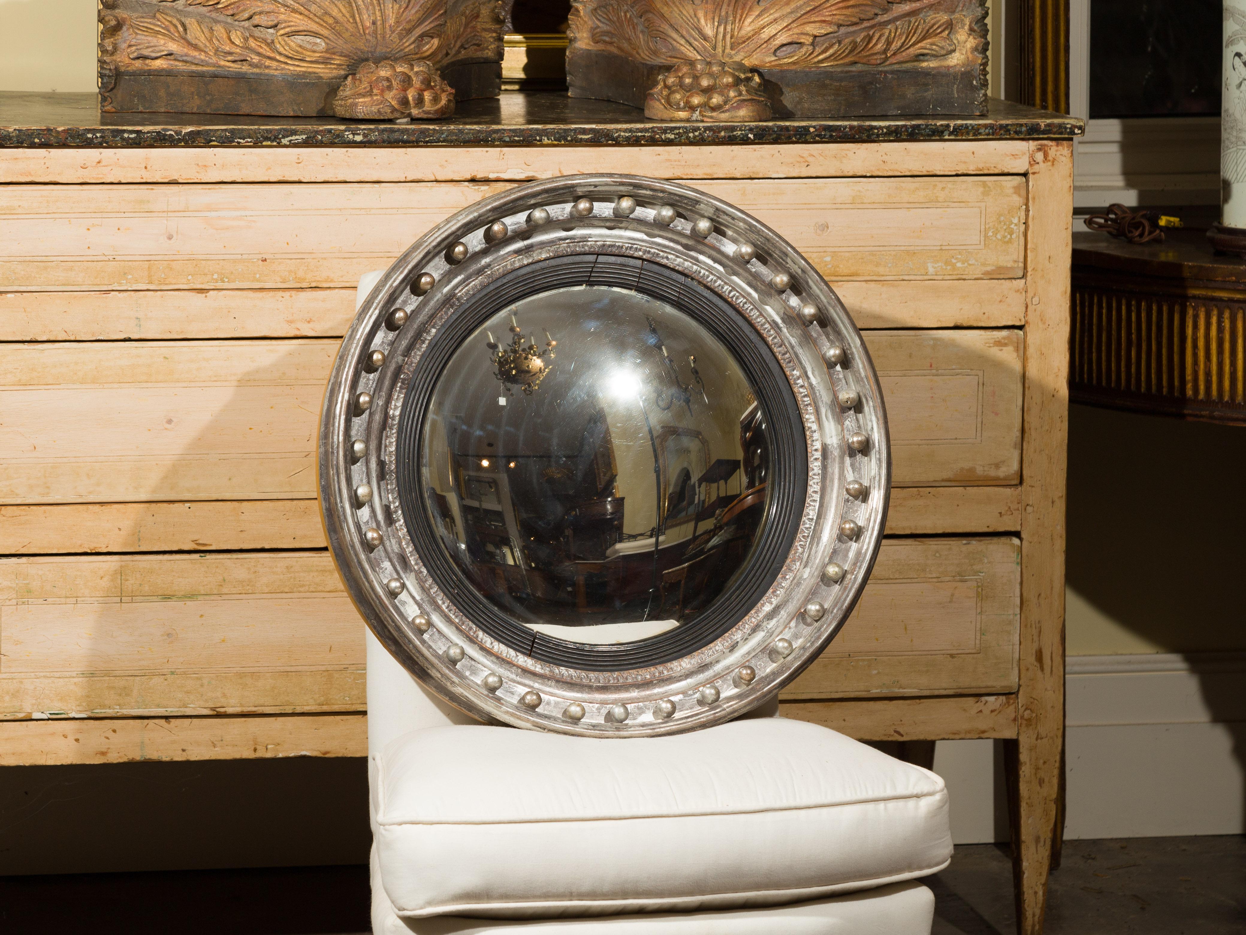 19th Century English 1860s Silver Leaf and Ebonized Wood Girandole Bull’s-Eye Convex Mirror