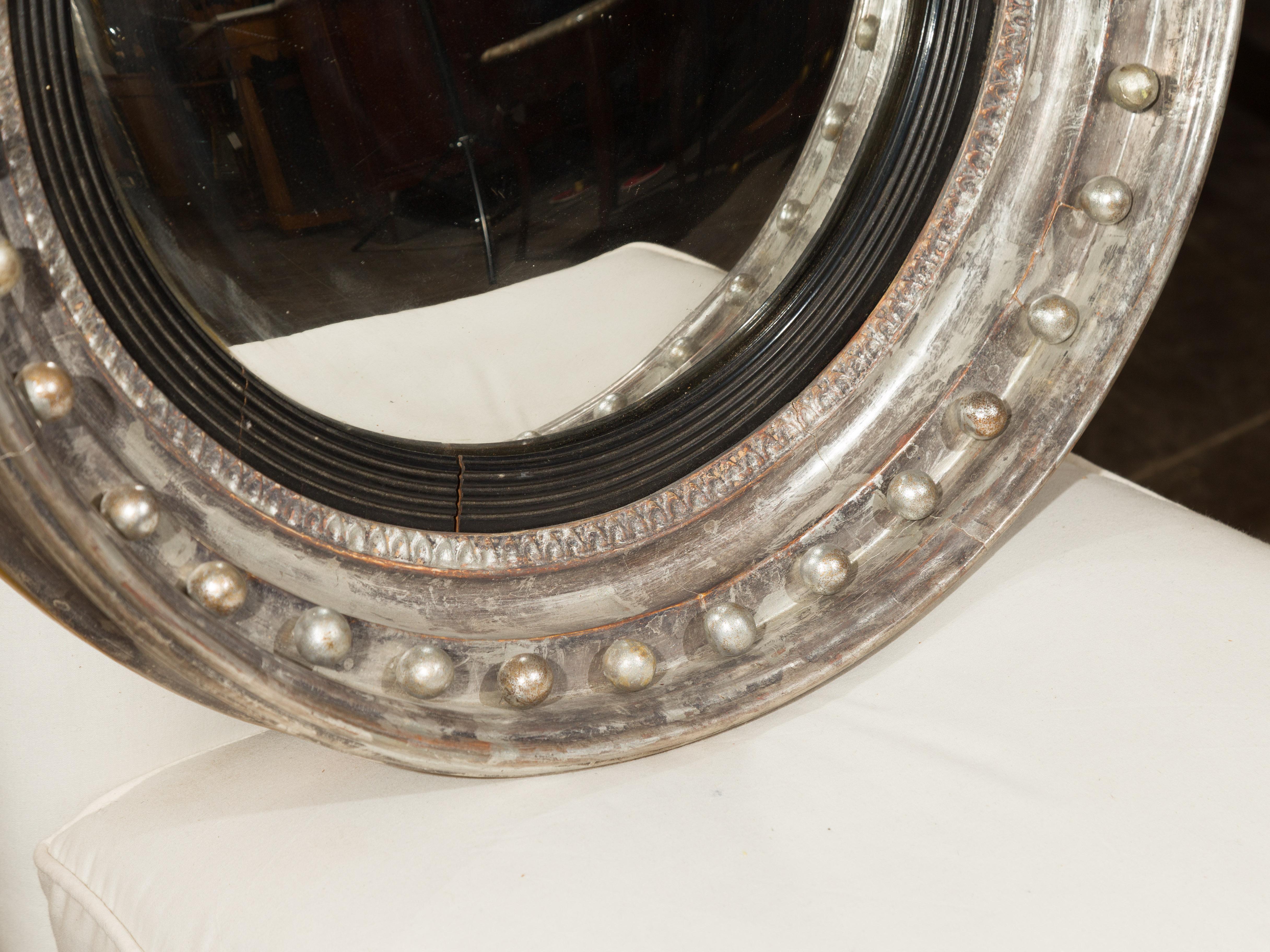 English 1860s Silver Leaf and Ebonized Wood Girandole Bull’s-Eye Convex Mirror 3