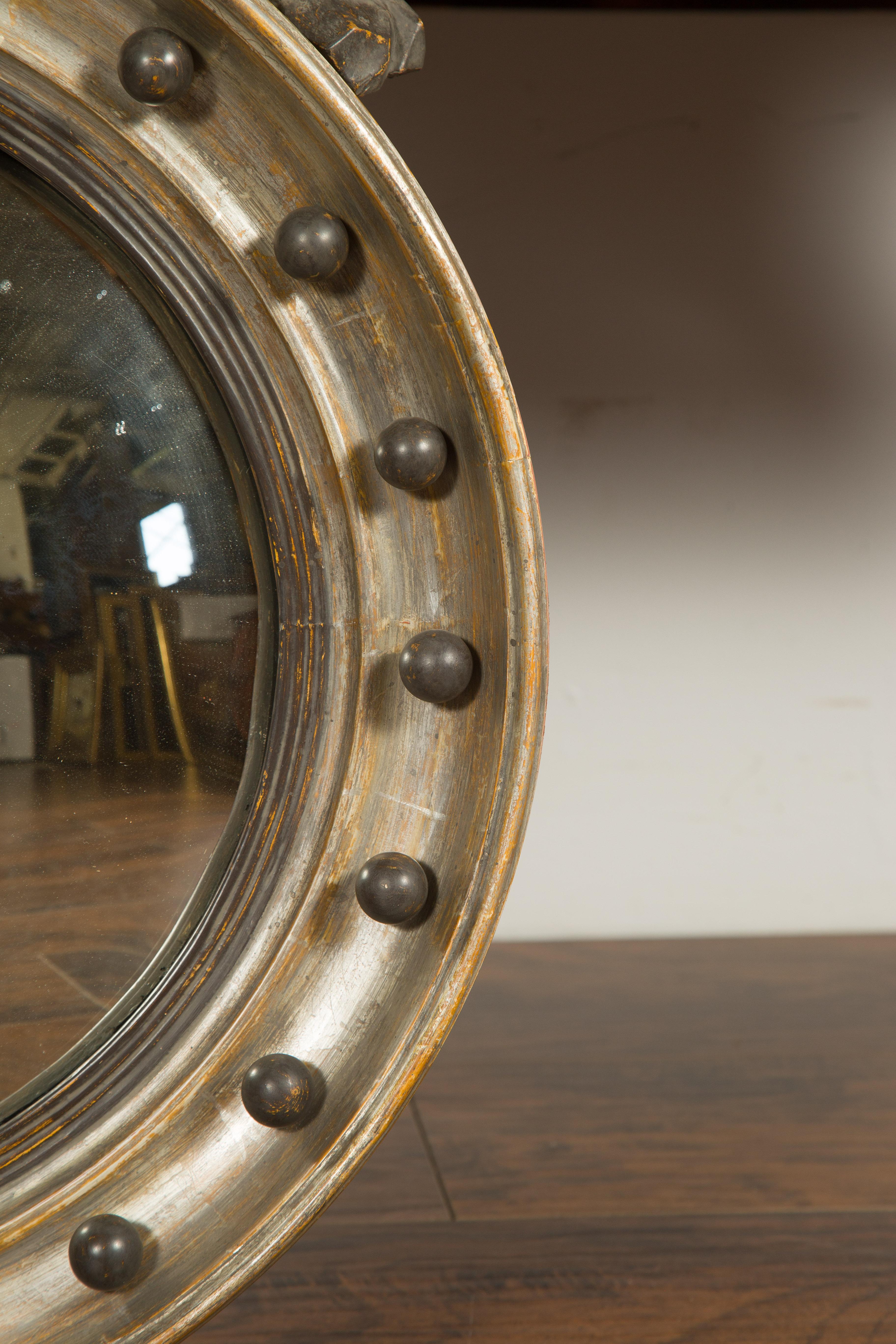 English 1860s Silver Leaf Convex Girandole Bullseye Mirror with Eagle Motif 2