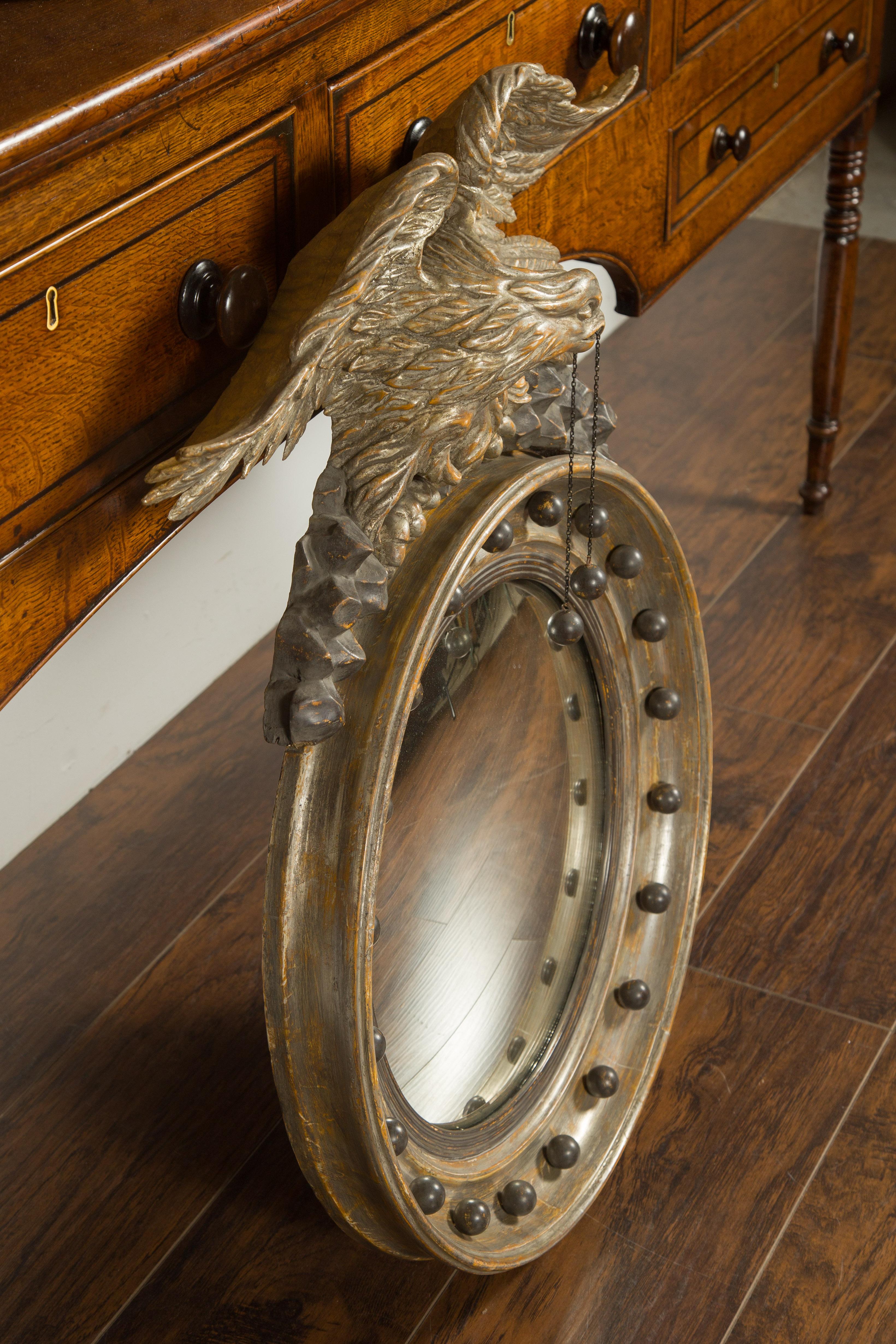 English 1860s Silver Leaf Convex Girandole Bullseye Mirror with Eagle Motif 4