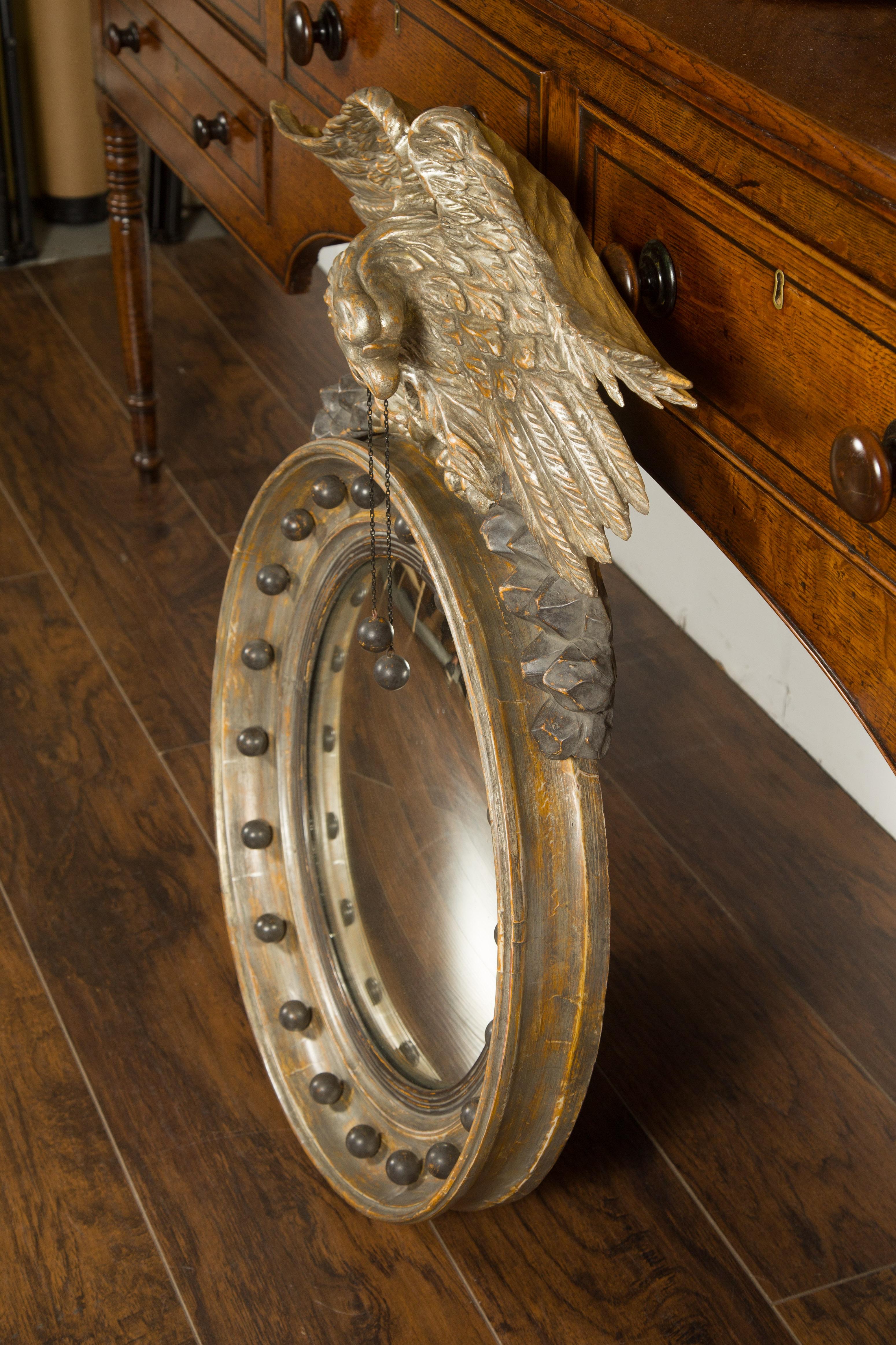 English 1860s Silver Leaf Convex Girandole Bullseye Mirror with Eagle Motif 5