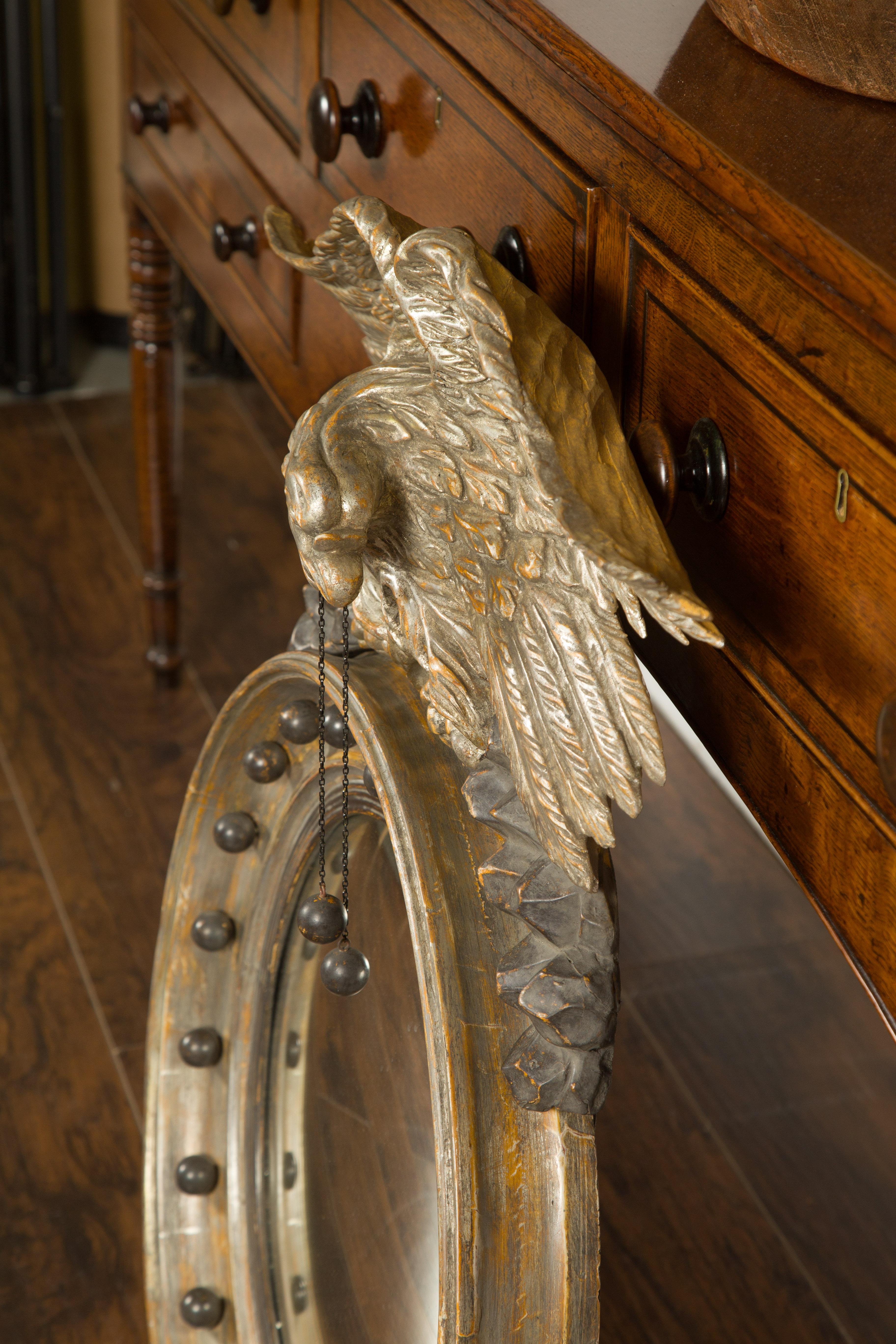 English 1860s Silver Leaf Convex Girandole Bullseye Mirror with Eagle Motif 6