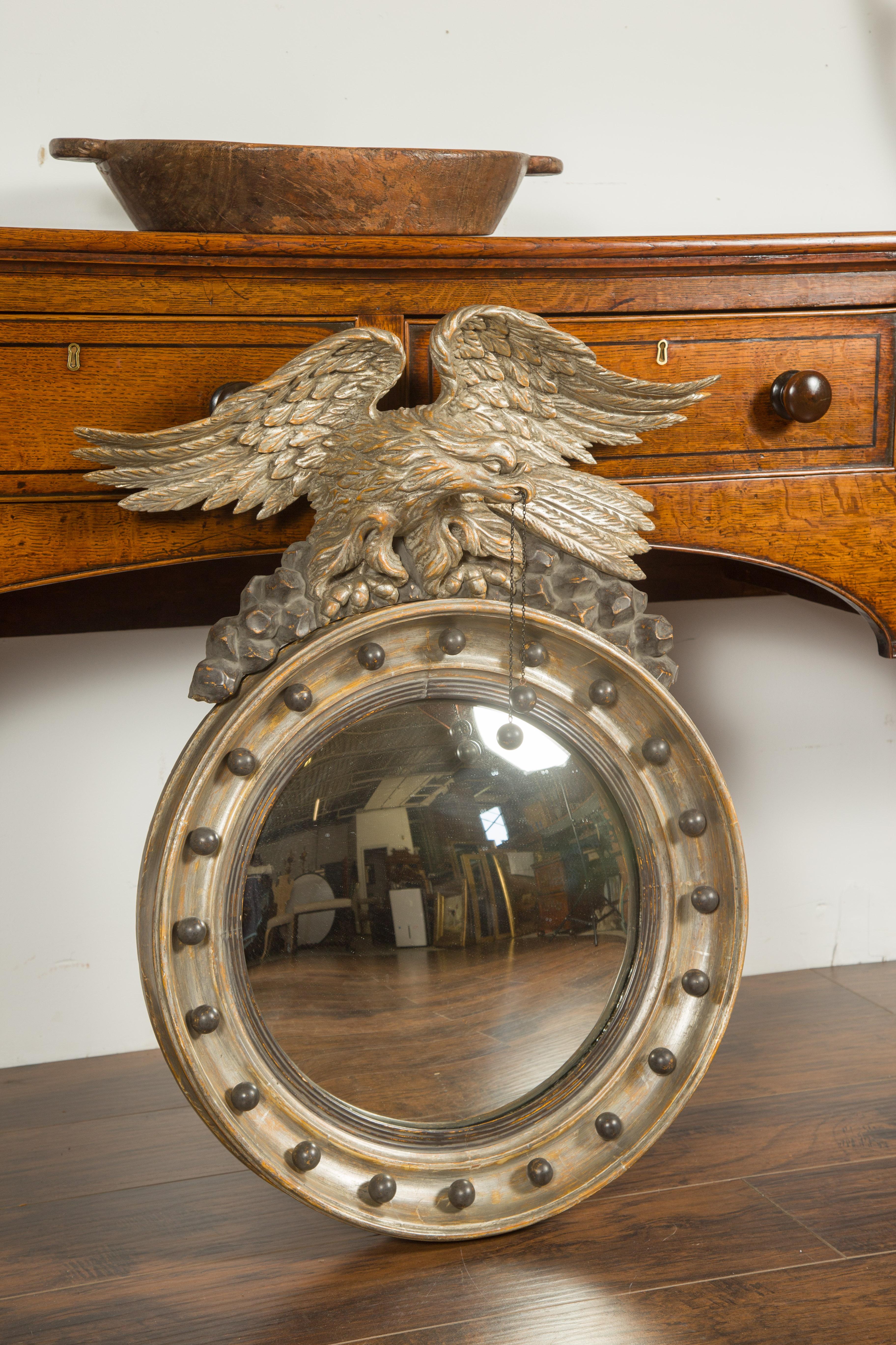 Carved English 1860s Silver Leaf Convex Girandole Bullseye Mirror with Eagle Motif